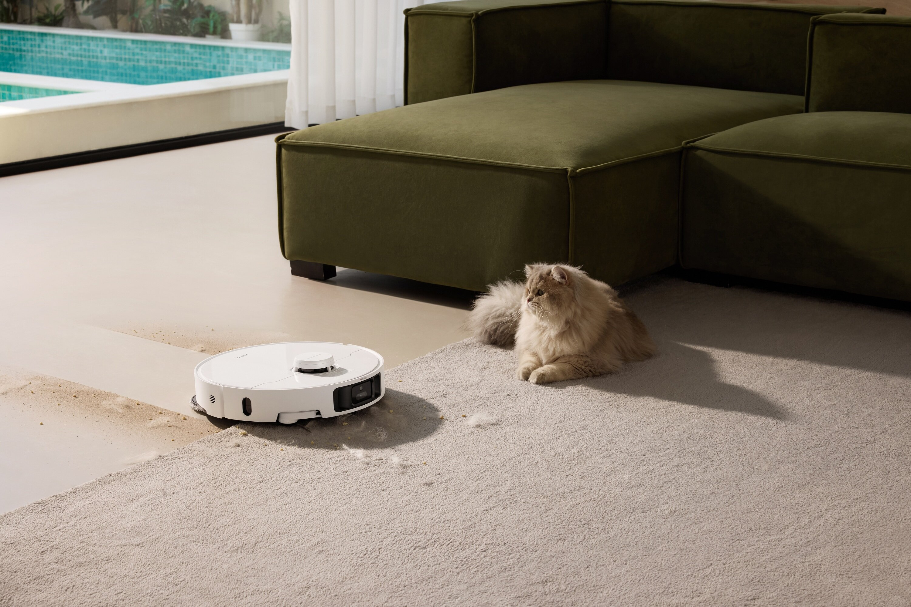 Biały odkurzacz robot sprząta dywan, w pobliżu leży puszysty kot. Po prawej zielona sofa, w tle basen.