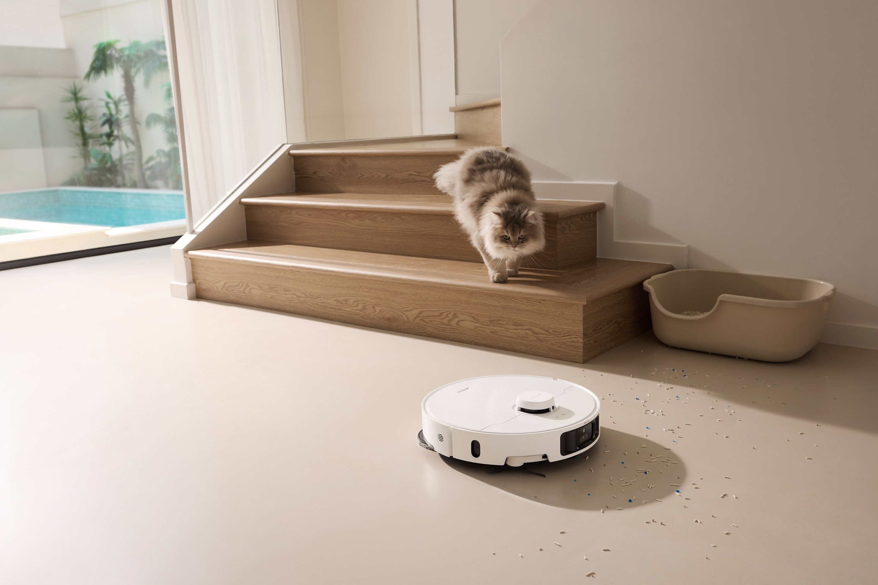 Puszysty kot schodzi po drewnianych schodach w pobliżu białego robota sprzątającego. Obok stoi kuweta. W oknie widać basen.