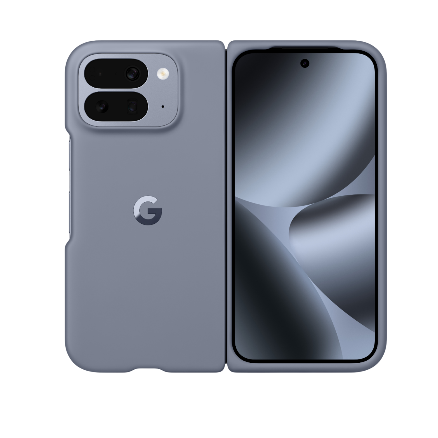 Un téléphone pliable, ouvert à droite, fermé à gauche. Coque grise, logo Google. L'écran affiche des formes grises abstraites.