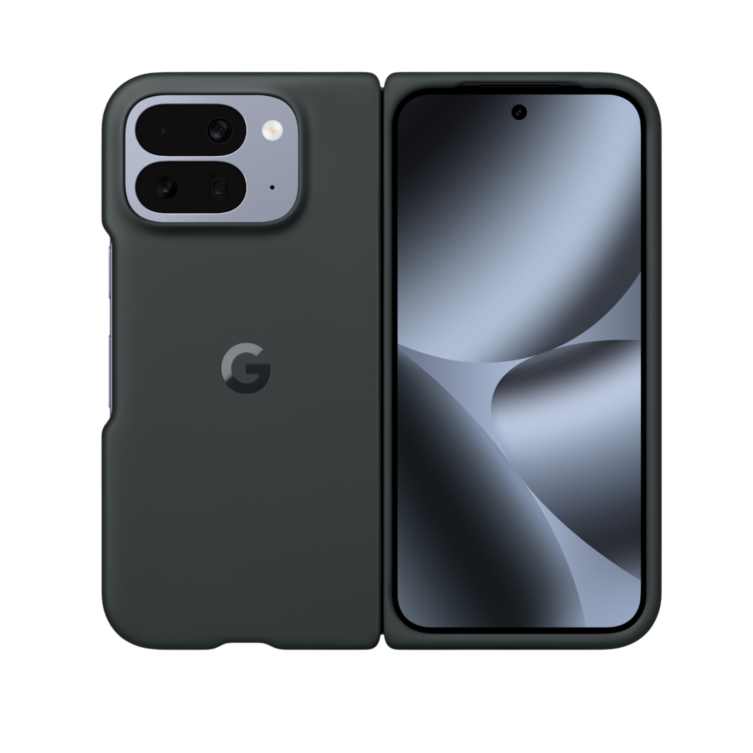 Un téléphone pliable gris foncé, ouvert pour révéler un écran avec un design gris. L'arrière a un appareil photo et un logo 'G'.