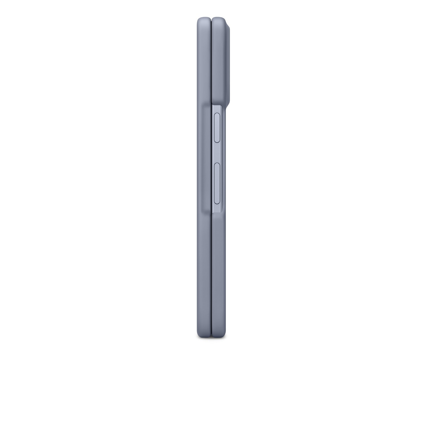 Un téléphone pliable bleu-gris fermé est montré de côté sur fond blanc. Les boutons sont visibles sur le côté.