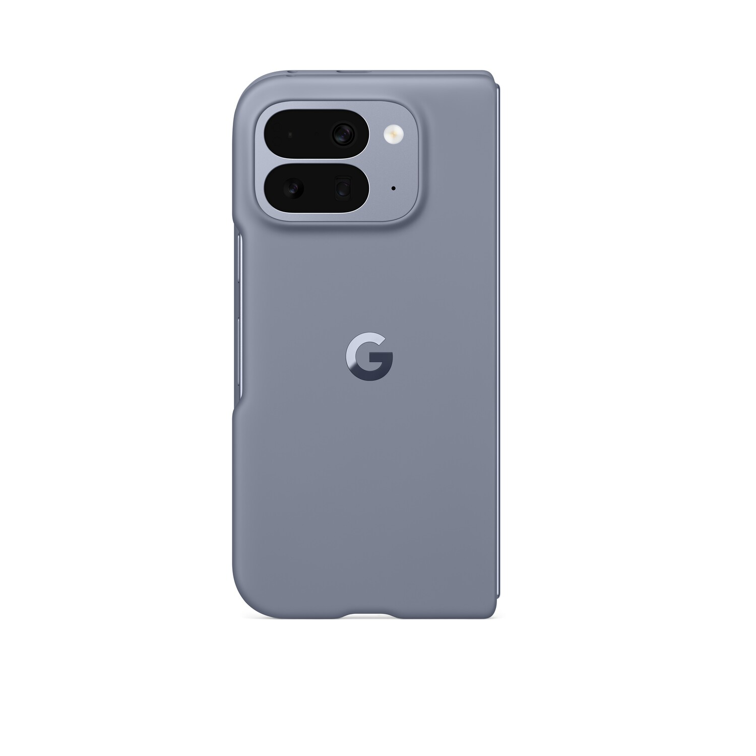 Un étui de téléphone gris avec un ensemble de caméras. Le logo Google est centré. Le fond est blanc.