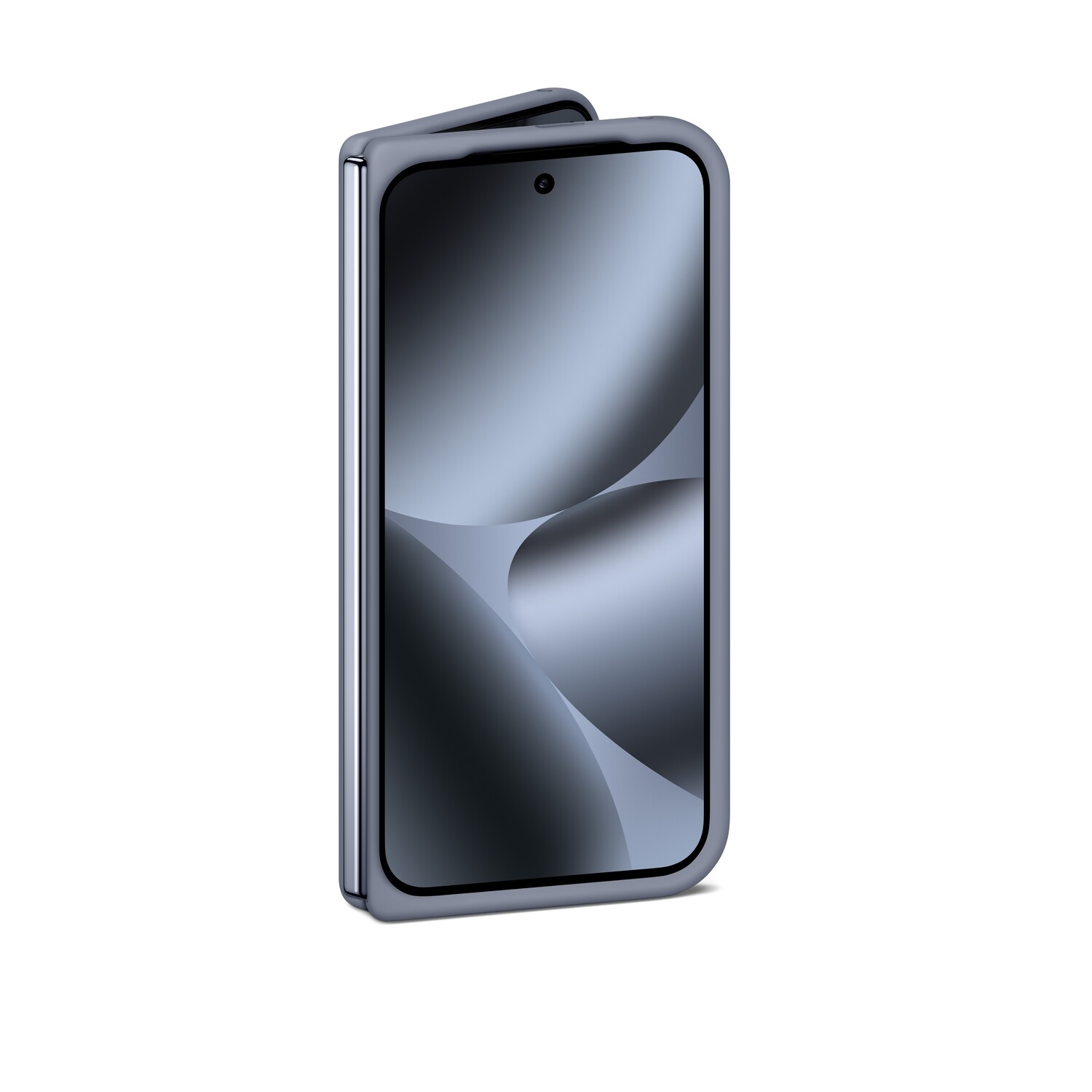 Un smartphone gris plié sur fond blanc. L'écran affiche un design dégradé avec une petite caméra frontale.