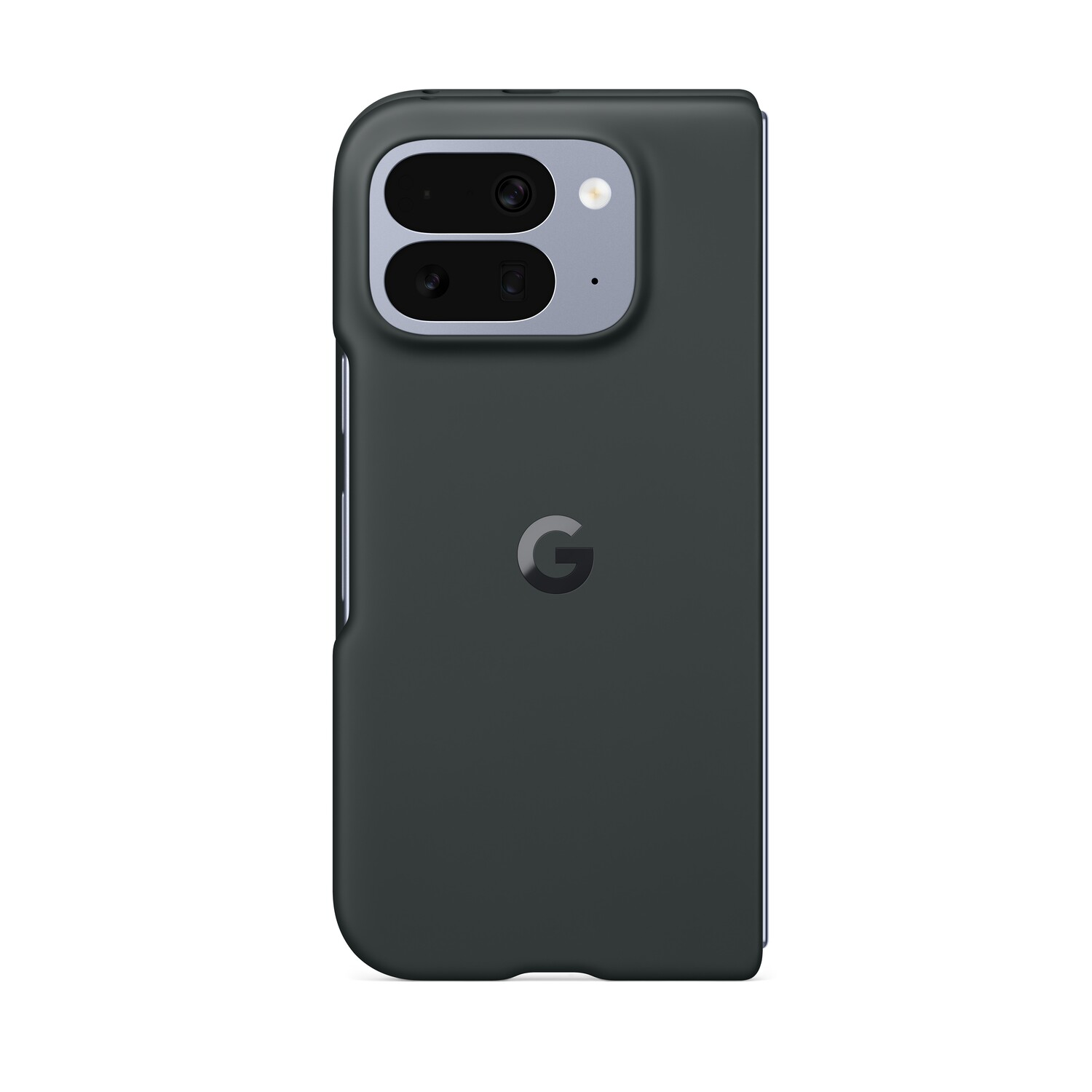 Une coque de téléphone gris foncé avec un module caméra et un logo 'G'. La coque a une surface lisse et une forme rectangulaire.