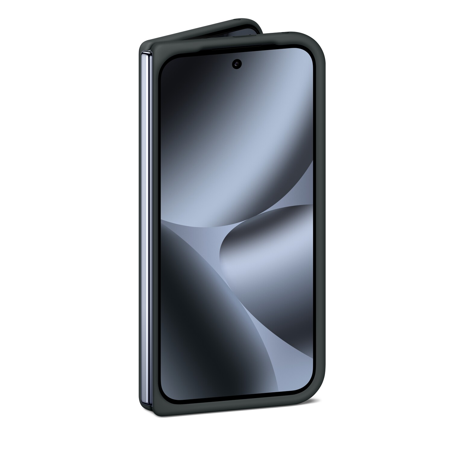 Un smartphone pliable noir, partiellement ouvert, avec un grand écran affichant un motif en dégradé. Le téléphone est sur fond blanc.