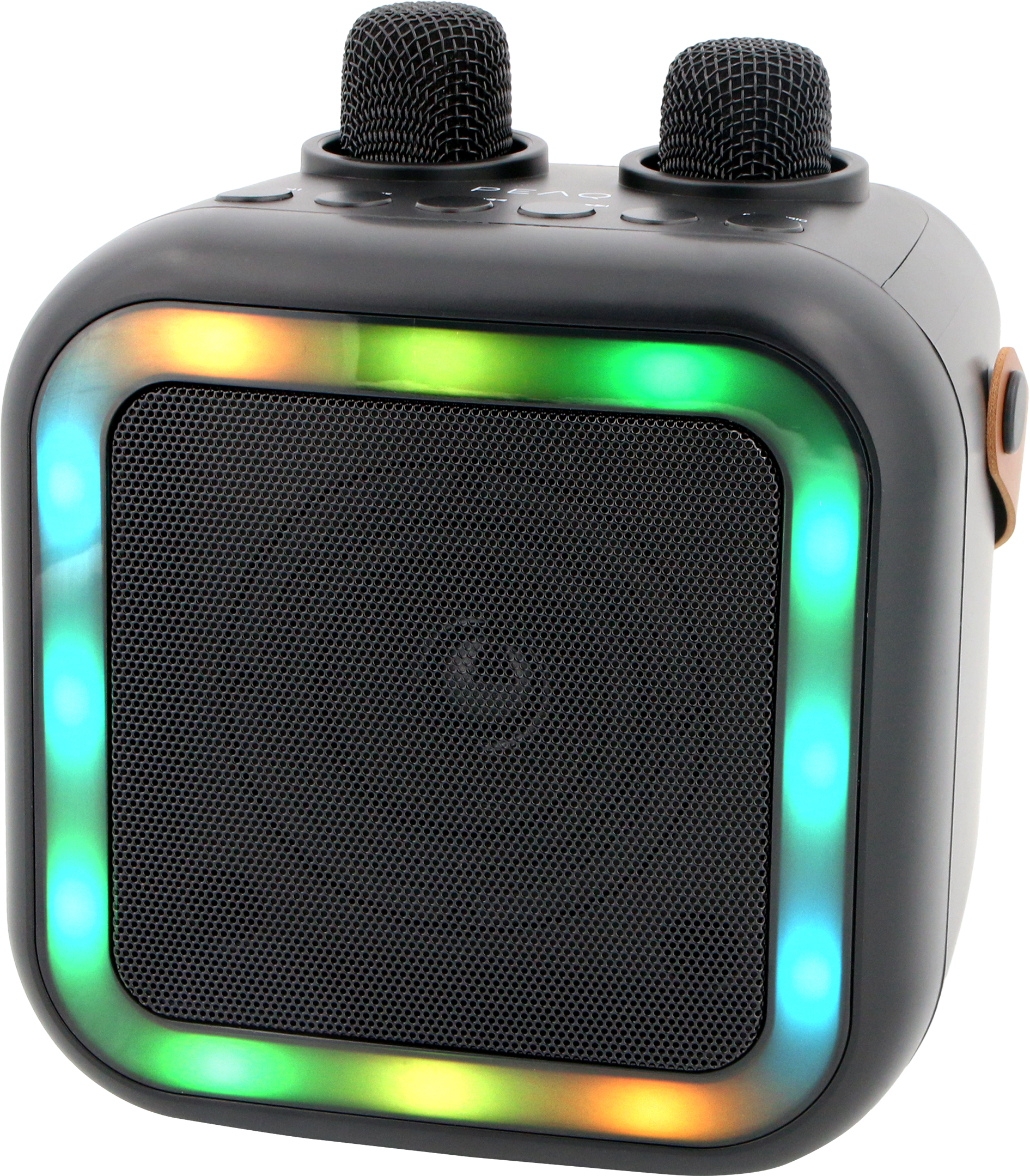 Machine de karaoké avec deux micros. Elle possède un haut-parleur avec des lumières LED colorées.