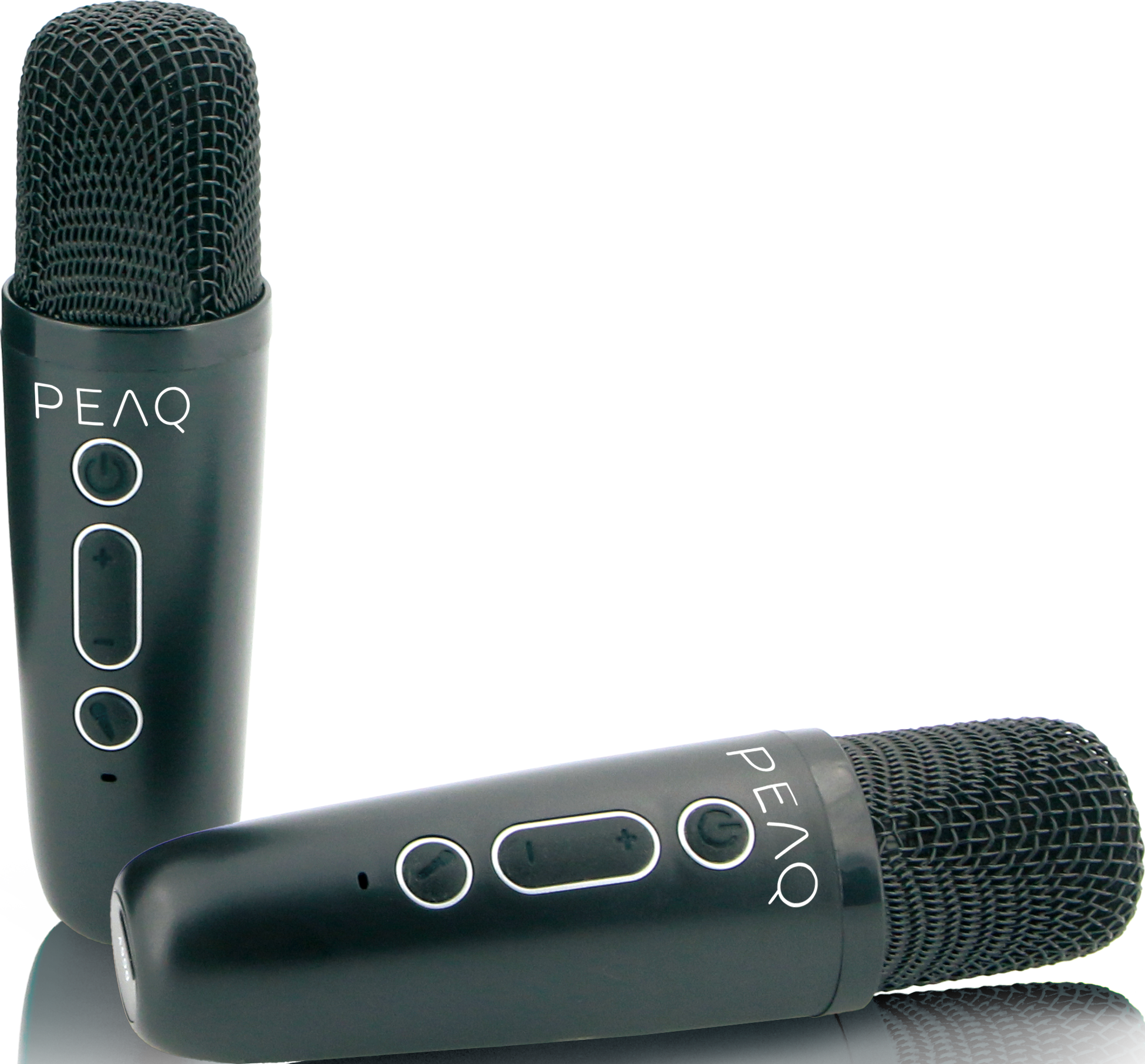 Deux microphones noirs avec des boutons argentés et des dessus en mesh, un debout, l'autre couché sur une surface réfléchissante.
