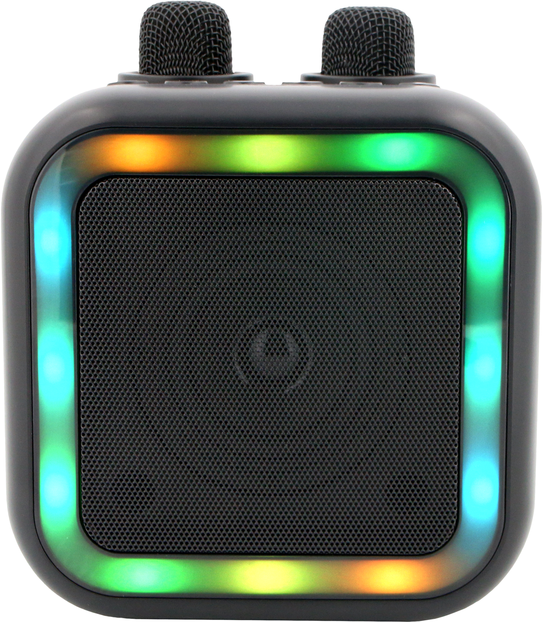 Un haut-parleur noir avec deux microphones sur le dessus. Il a une bordure lumineuse colorée et un haut-parleur en maille noire.