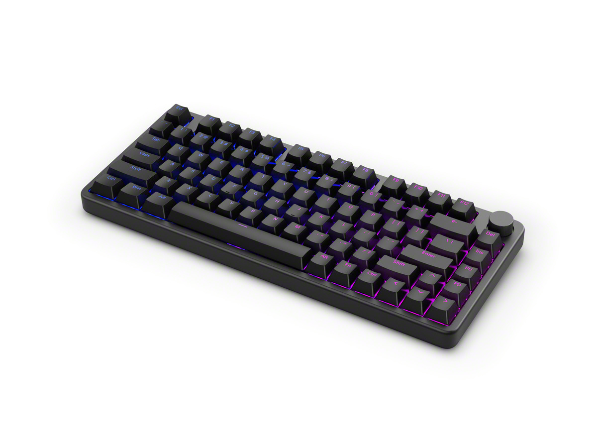 Eine schwarze mechanische Tastatur mit hintergrundbeleuchteten Tasten. Die Tasten sind dunkel mit lila und blauer Beleuchtung. Der Hintergrund ist weiß.