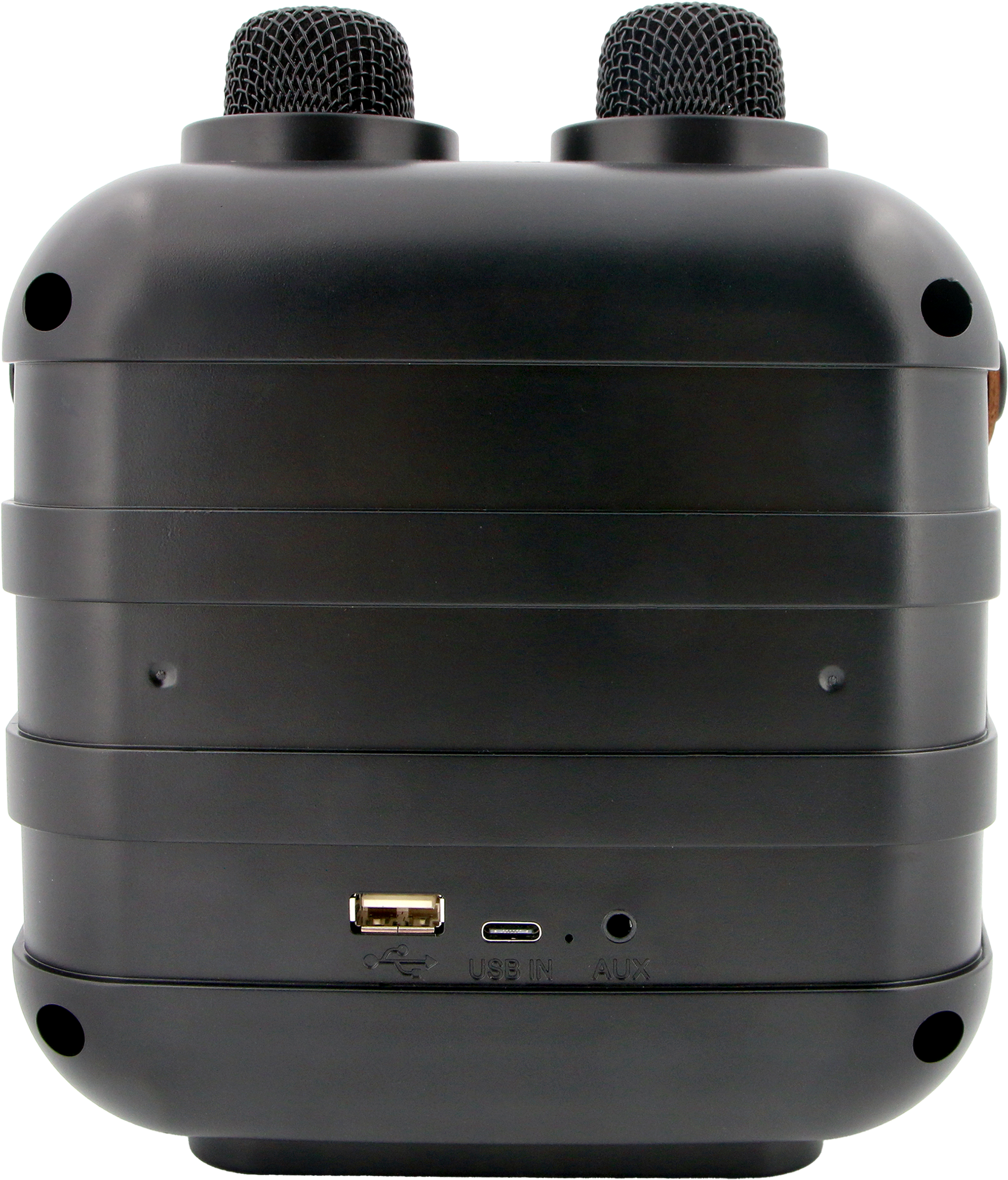 Haut-parleur noir avec deux microphones supérieurs. Il dispose de ports USB et AUX. Le corps est cylindrique.