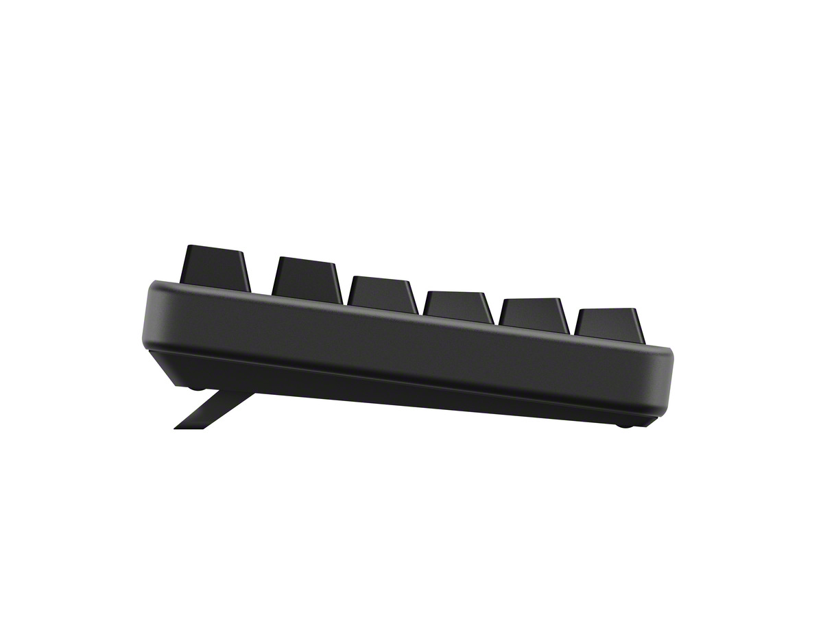 Seitenansicht einer schwarzen Tastatur mit erhöhten Tasten und ausgefahrenem Stützbein vor weißem Hintergrund.