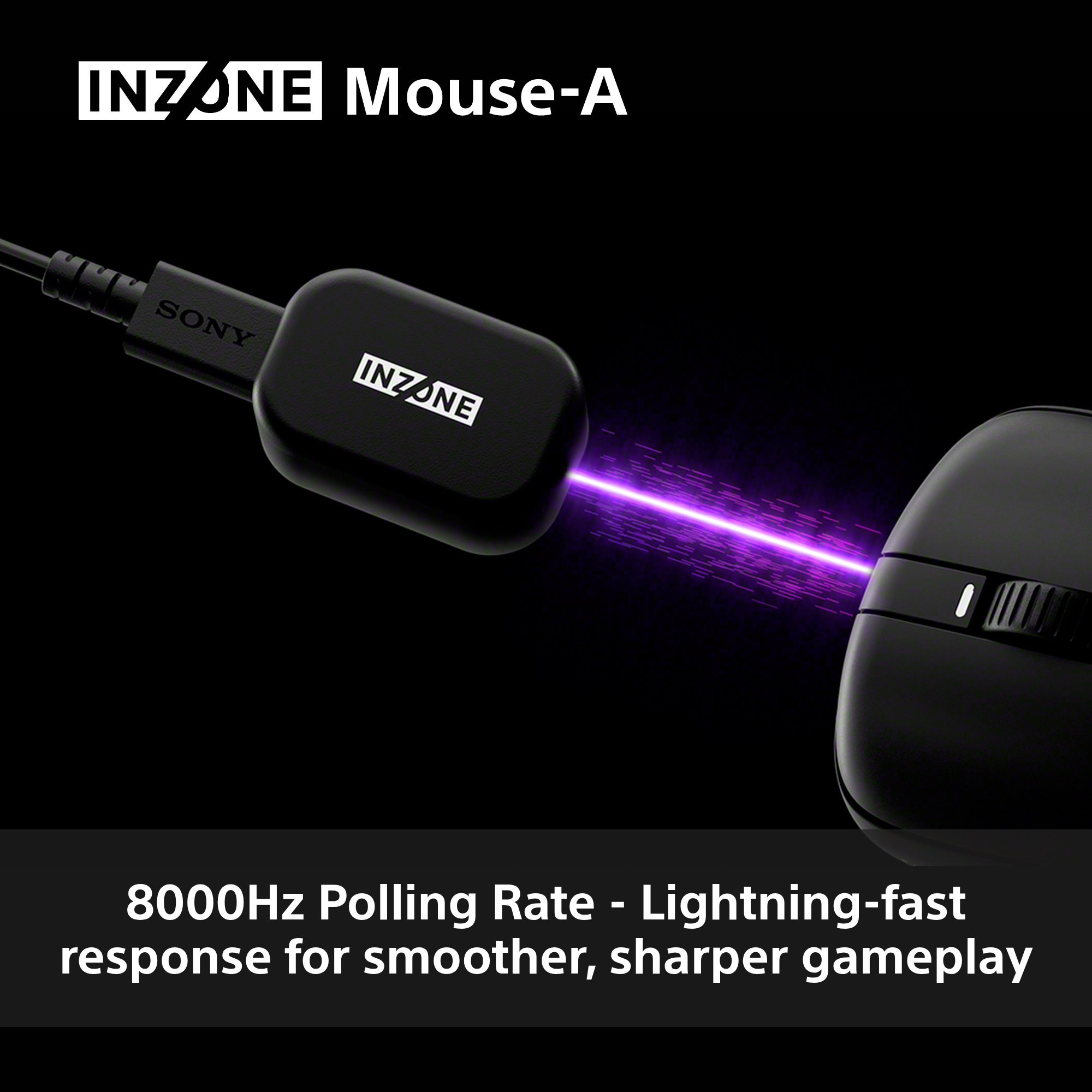 Mouse INZONE-A nero con raggio di luce viola. Il mouse è collegato via cavo. Sfondo nero con testo.