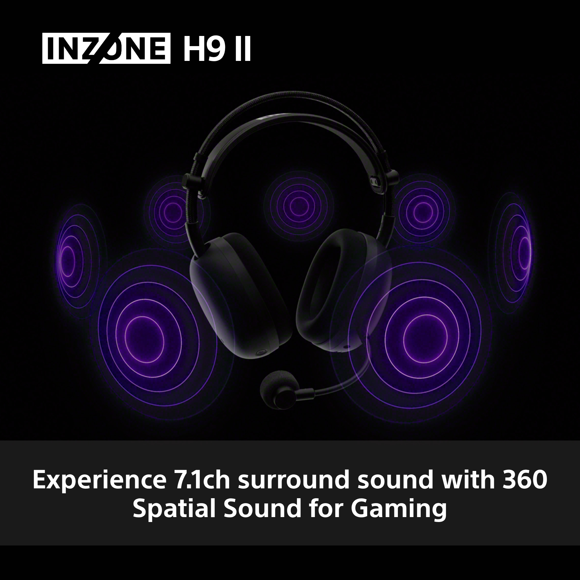 Schwarze Gaming-Kopfhörer mit Mikrofon, lila Schallwellen-Grafiken und Text, der besagt: 'Erleben Sie 7.1-Kanal-Surround-Sound'.