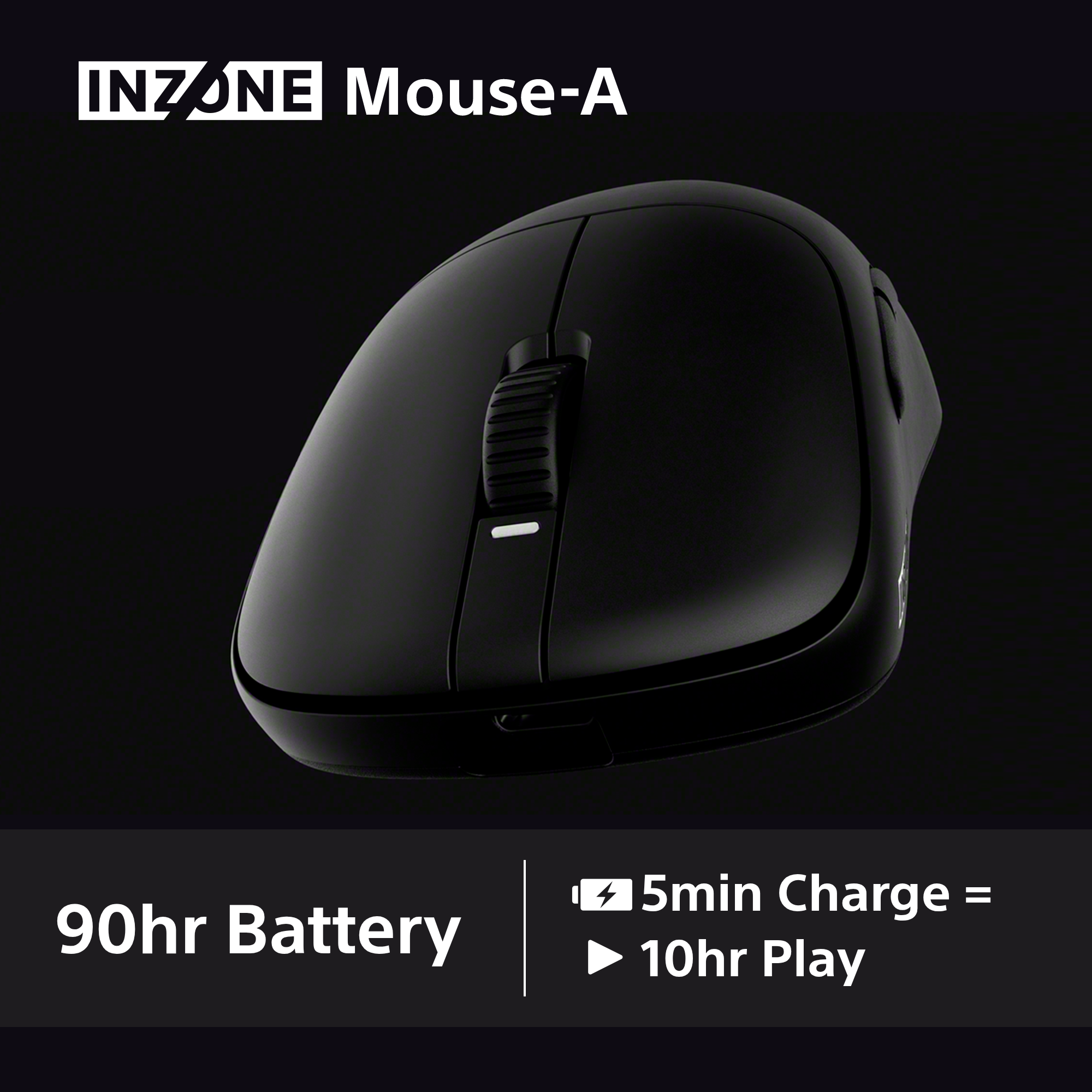 Mouse-A Inzone nero su sfondo scuro. Mostra il design del mouse e i dettagli della batteria: 90 ore batteria, 5min carica = 10 ore gioco.