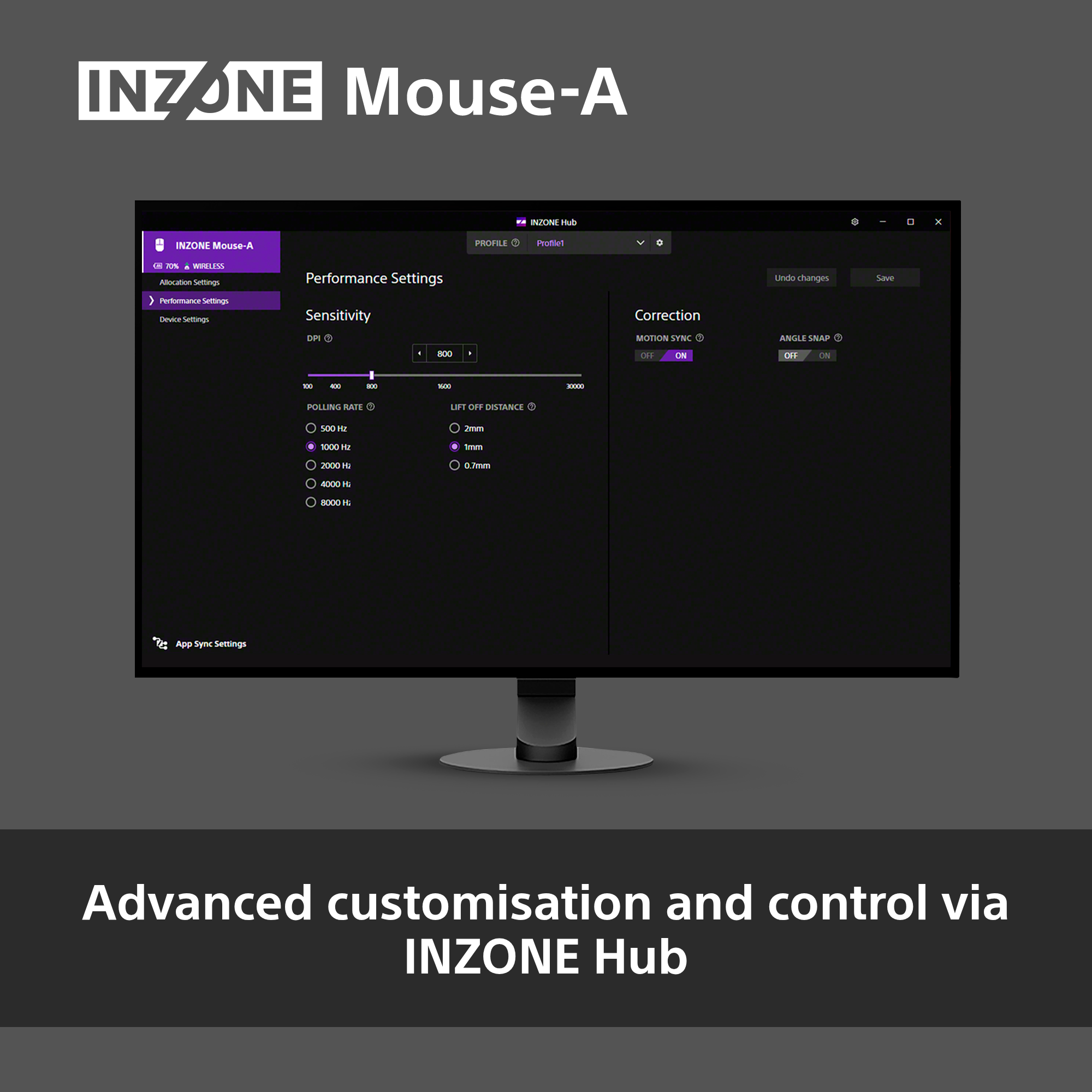 Schermata delle impostazioni di INZONE Mouse-A: DPI, polling rate, distanza di sollevamento e opzioni di correzione.