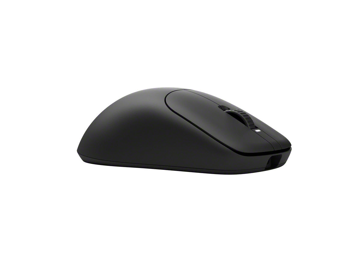 Un mouse per computer wireless nero. È su uno sfondo bianco. Il mouse ha una rotella di scorrimento e un pulsante.