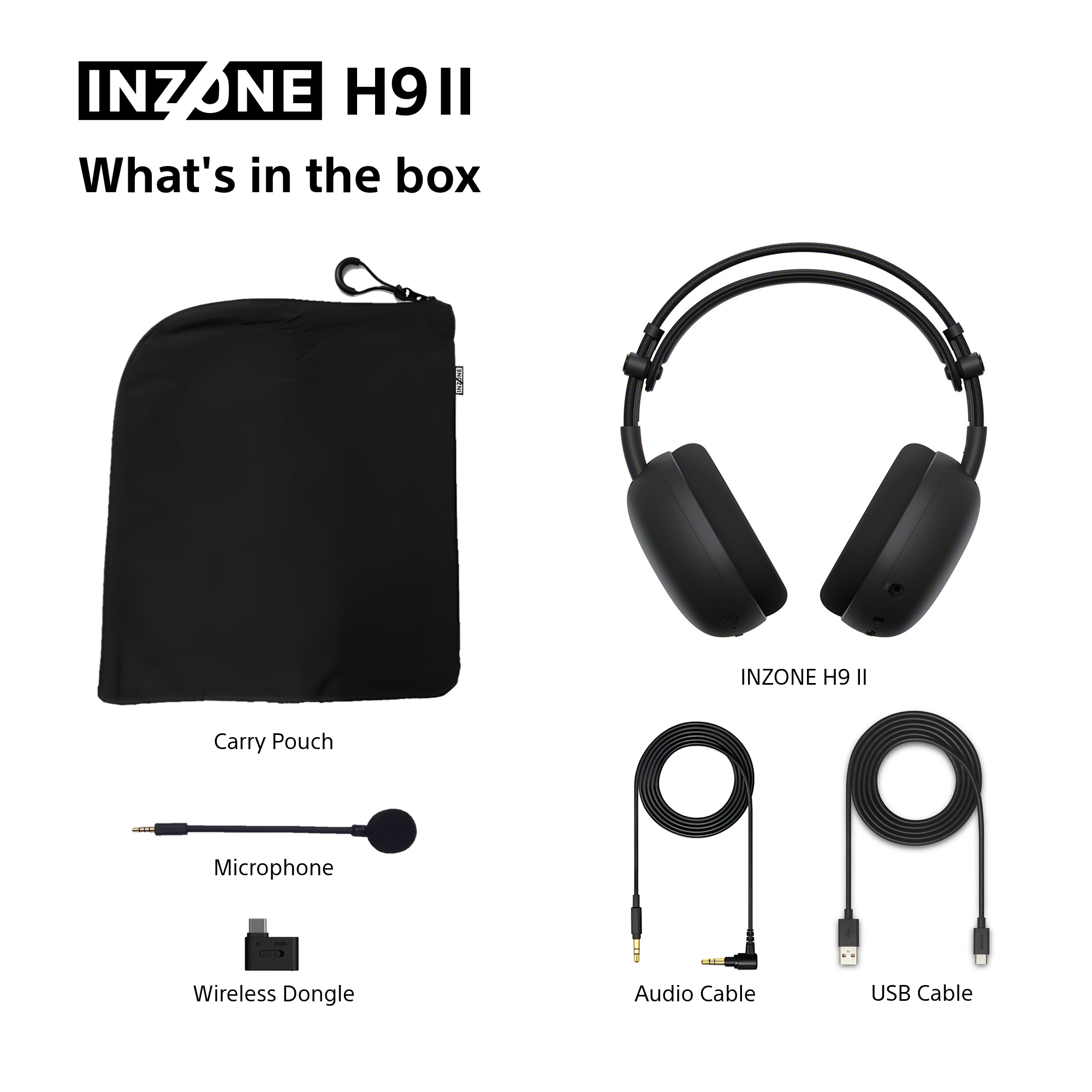 Das Bild zeigt das INZONE H9 II Headset und seine Komponenten, darunter eine Tragetasche, ein Mikrofon, ein Dongle, ein Audiokabel und ein USB-Kabel.