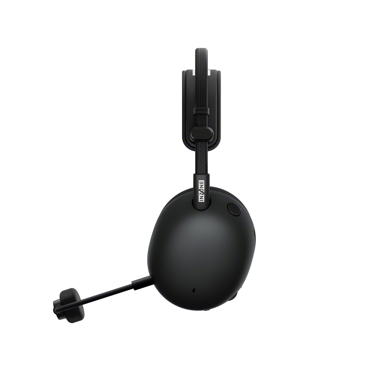 Schwarzes Inzone-Gaming-Headset auf weißem Hintergrund. Das Headset hat ein Mikrofon, der Markenname ist sichtbar.