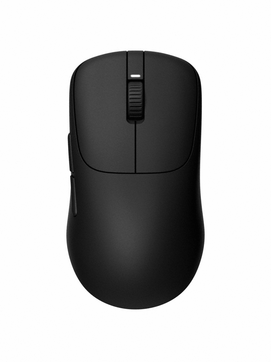Un mouse nero per computer, visto dall'alto. Ha una rotella di scorrimento, due pulsanti e un retro arrotondato. Lo sfondo è bianco.
