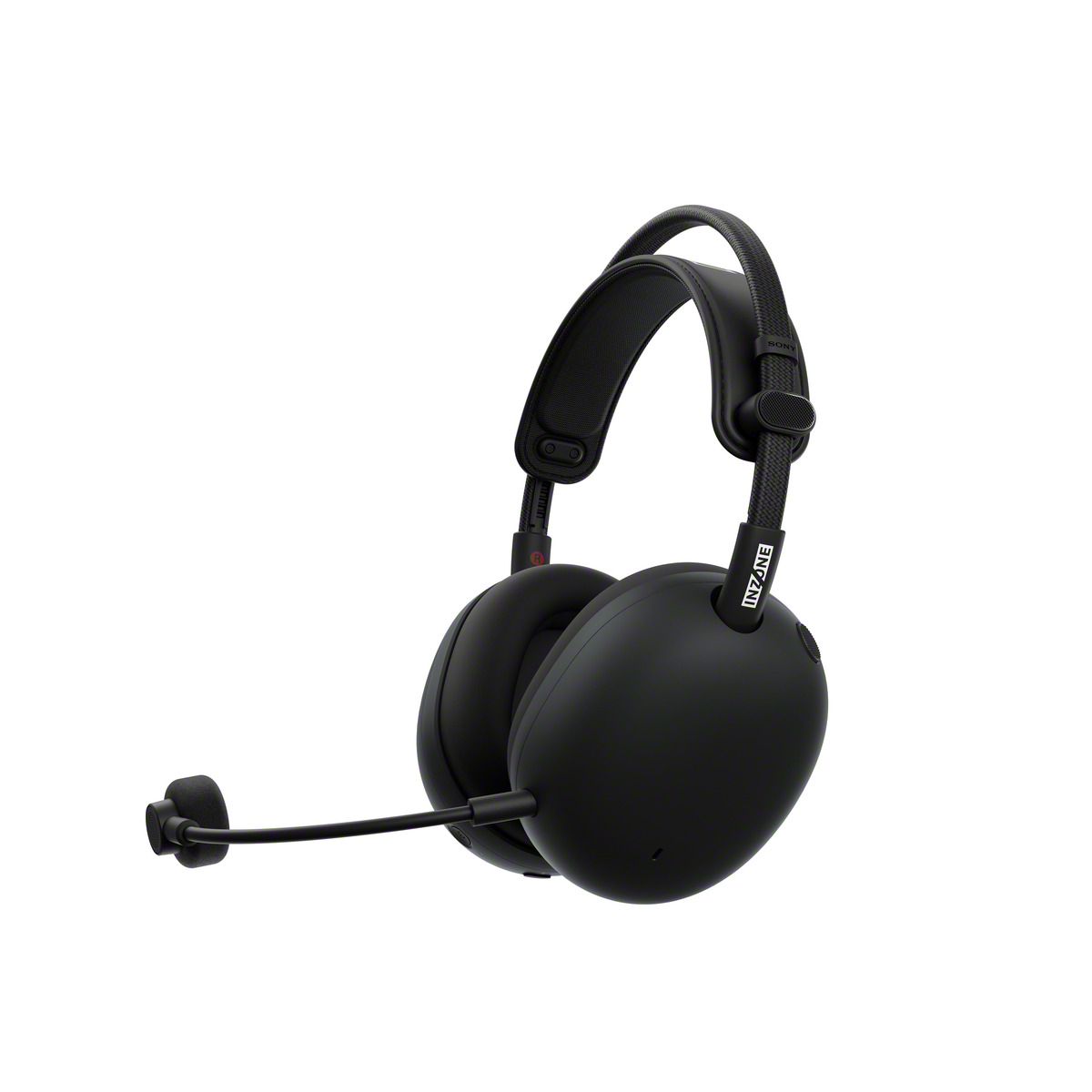Schwarzes Sony INZONE Gaming-Headset mit Mikrofon, isoliert auf weißem Hintergrund. Over-Ear-Design und gepolstertes Kopfband.