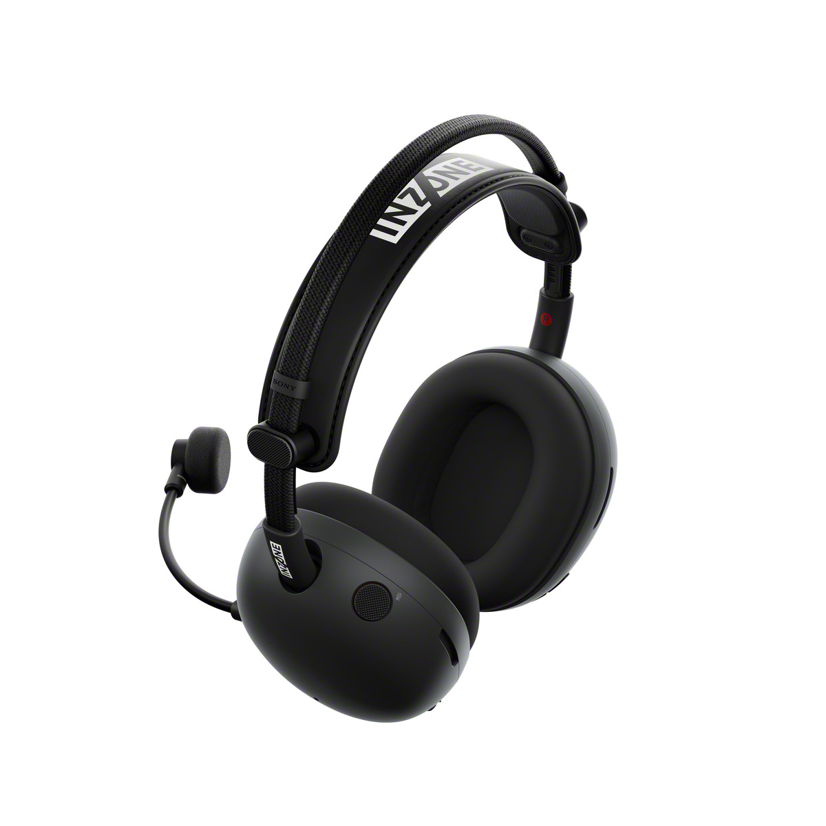 Schwarzes Sony INZONE Gaming-Headset mit angeschlossenem Mikrofon. Das Headset befindet sich auf weißem Grund.