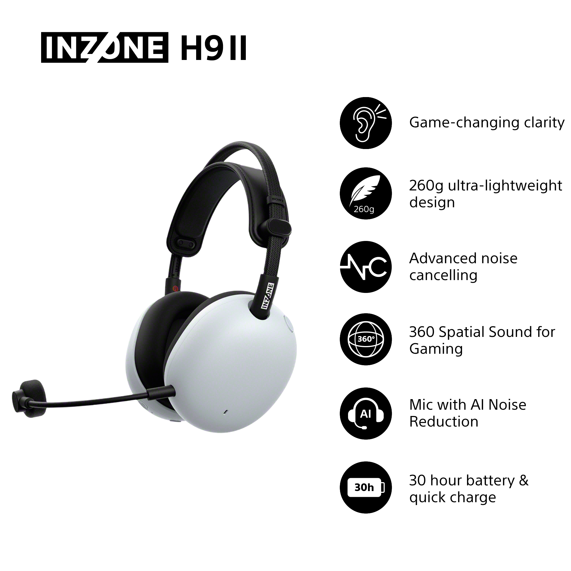 Cuffie da gaming INZONE H911 bianche e nere. Caratteristiche: riduzione del rumore AI, suono spaziale a 360° e batteria da 30 ore.