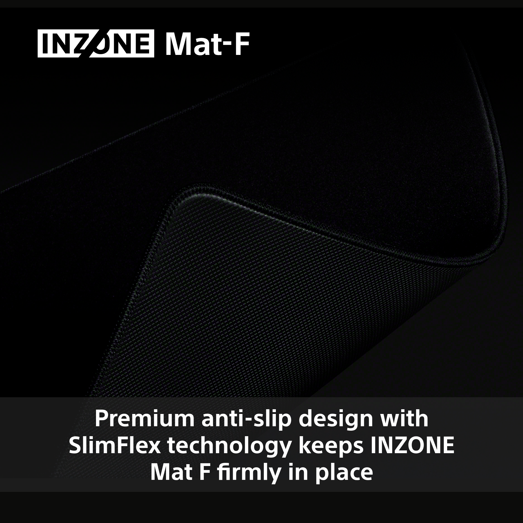 Schwarze INZONE Mat-F. Die Oberfläche der Matte ist strukturiert, mit einem genähten Rand. Text unten: 'Premium Anti-Rutsch-Design'.