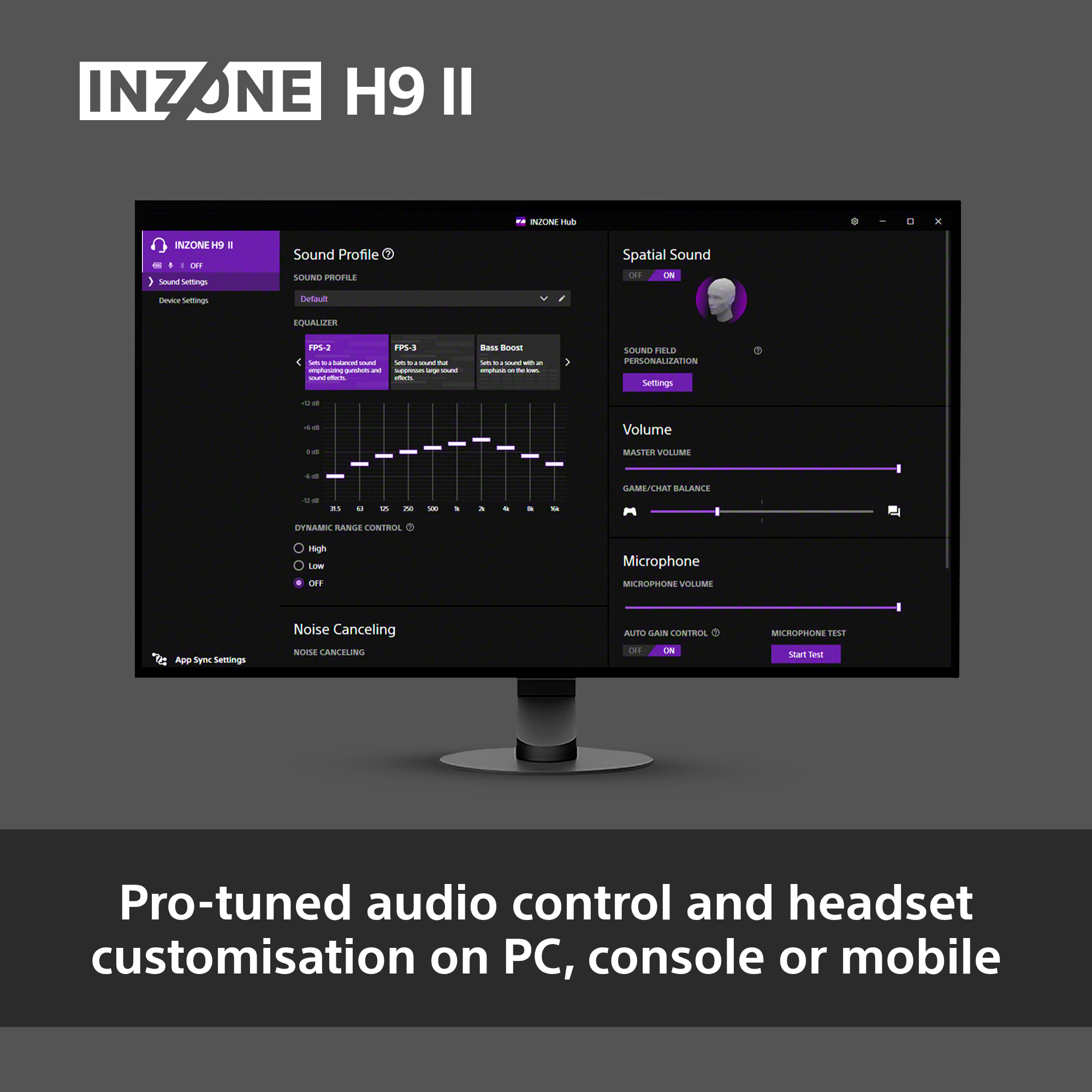 Un monitor mostra l'interfaccia delle impostazioni audio Inzone H9 II, offrendo controllo audio e opzioni di personalizzazione.