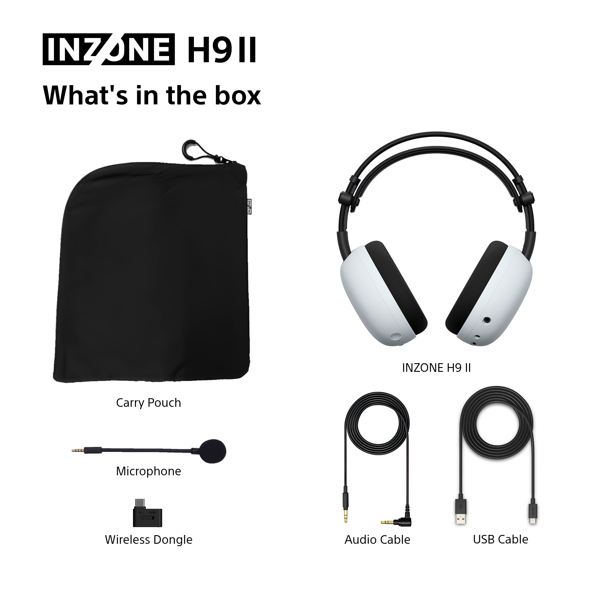 L'immagine mostra il contenuto della scatola delle cuffie INZONE H9 II, tra cui cuffie, custodia, microfono, dongle wireless, cavi audio e USB.