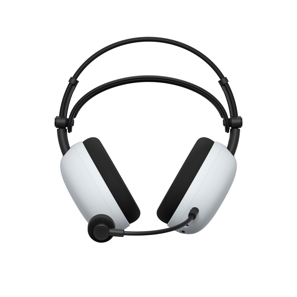 Ein weißes und schwarzes Headset mit Mikrofon. Das Headset hat ein schwarzes Band und Ohrmuscheln. Der Hintergrund ist weiß.