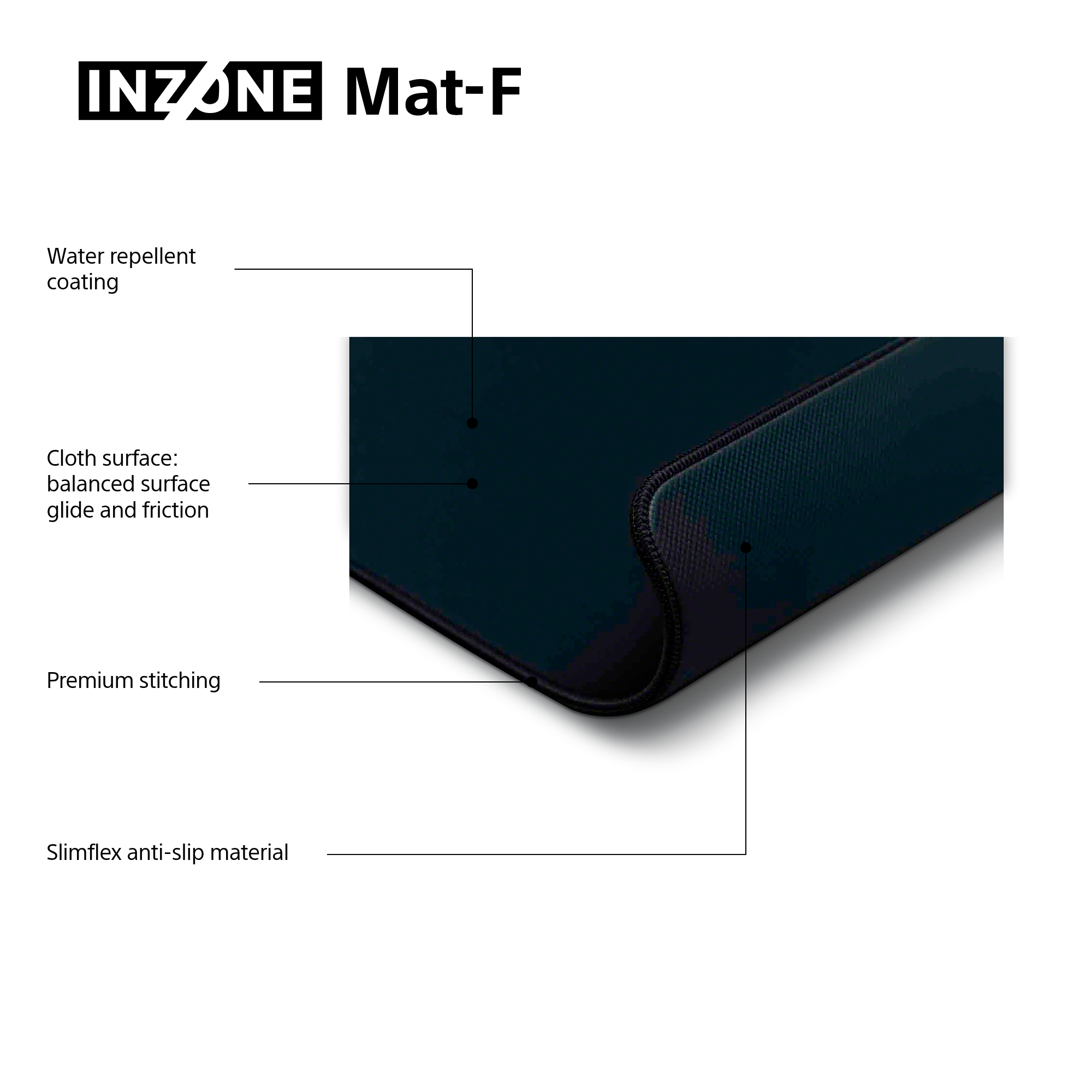 INZONE Mat-F-Mauspad. Merkmale sind wasserabweisende Beschichtung, Stoffoberfläche, Premium-Nähte und Anti-Rutsch-Material.