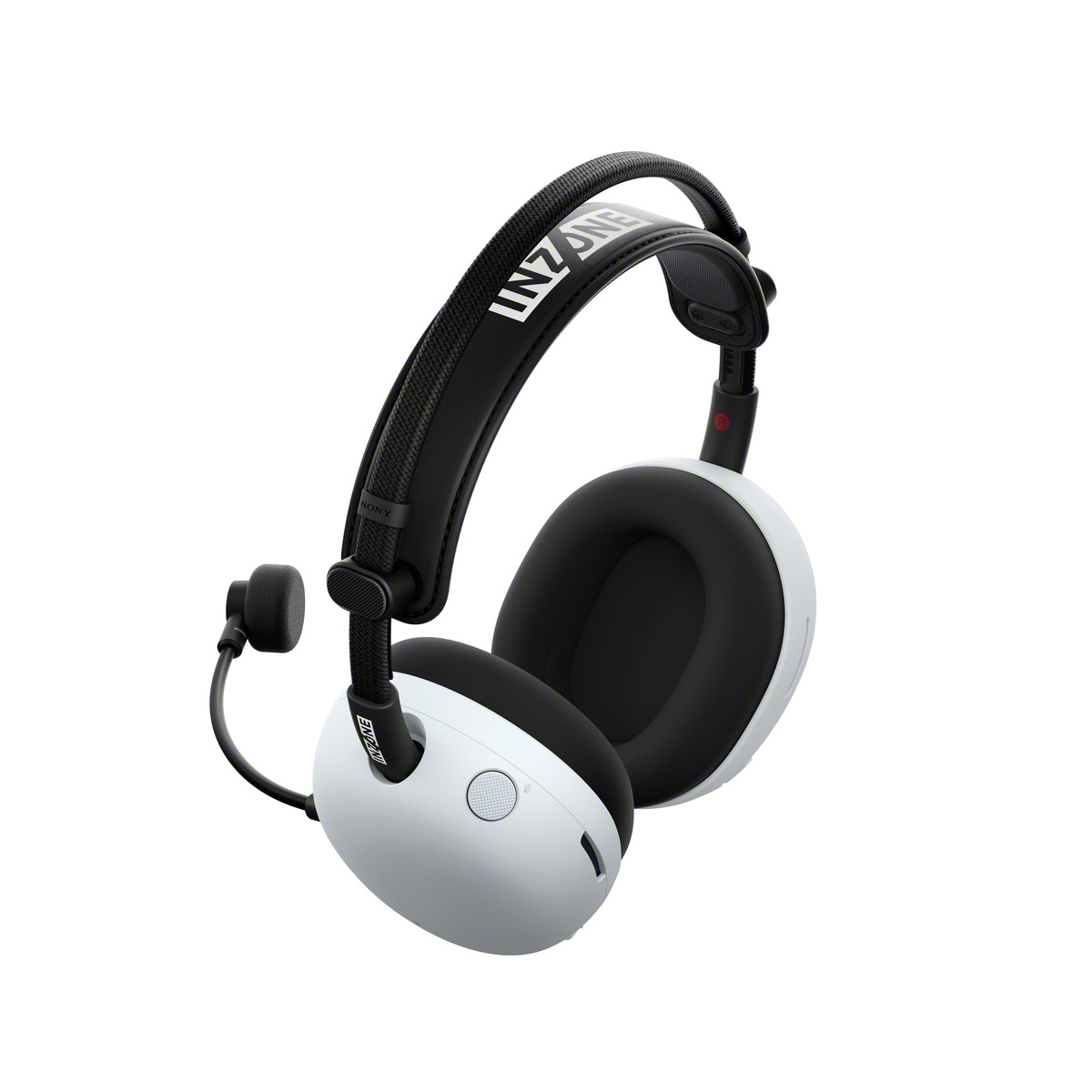 Weißes und schwarzes Sony INZONE Gaming-Headset. Es hat ein Mikrofon, INZONE-Branding am Kopfbügel und weiße Ohrmuscheln.