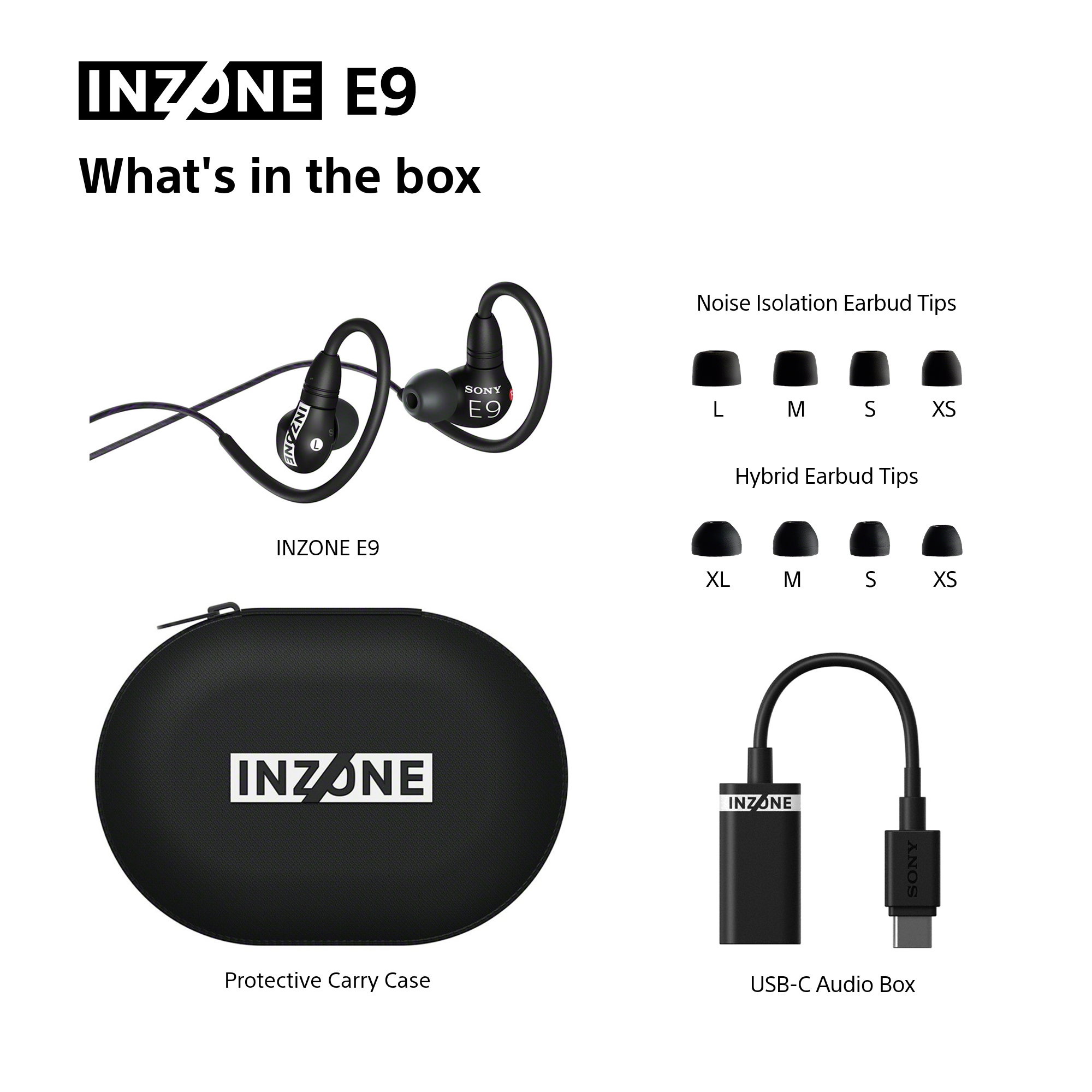 L'immagine mostra auricolari INZONE E9, custodia, box audio USB-C e gommini. Il testo dice 'Cosa c'è nella scatola'.