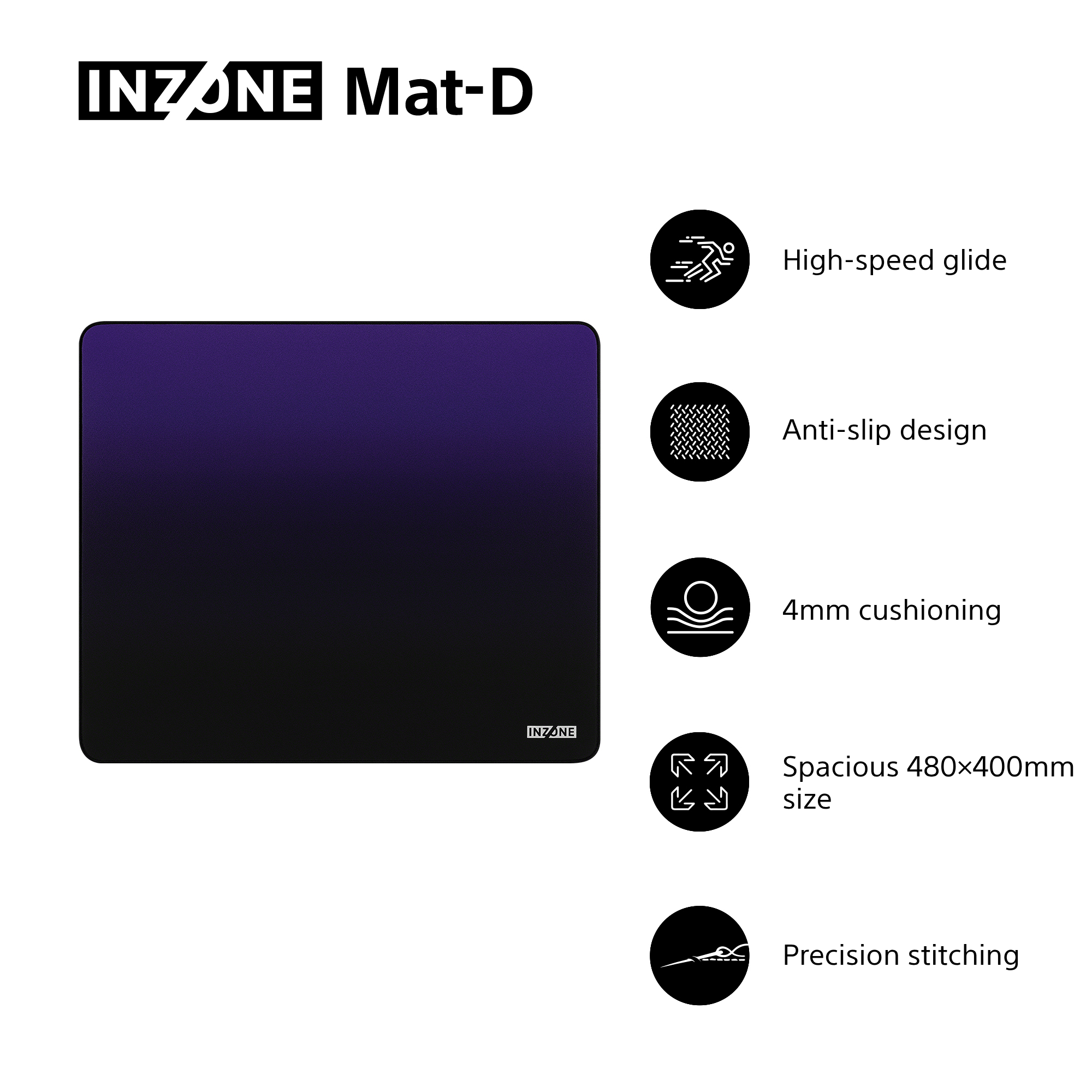 INZONE Mat-D Mauspad. Schwarz-lila Farbverlauf. Merkmale: High-Speed-Gleiten, Anti-Rutsch, Dämpfung, geräumige Größe und Präzisionsnähte.