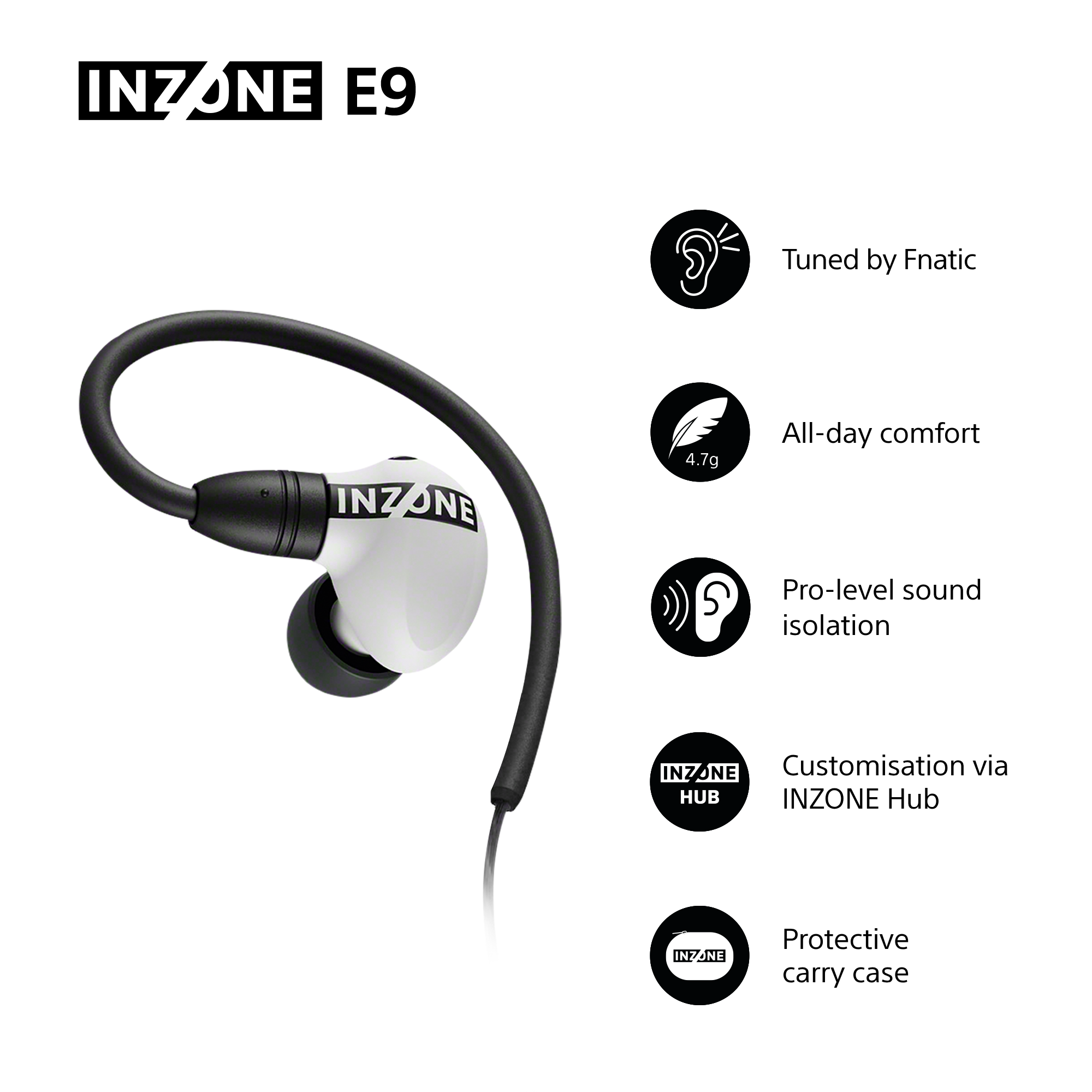Auricolari INZONE E9 bianchi e neri. Le caratteristiche includono comfort per tutto il giorno, isolamento acustico professionale e custodia protettiva.