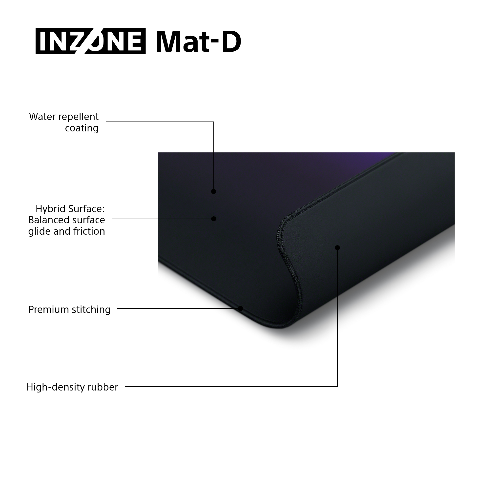Schwarzes INZONE Mat-D-Mauspad mit Textbeschreibungen: wasserabweisende Beschichtung, Hybridoberfläche, Premium-Nähte und hochdichter Gummi.