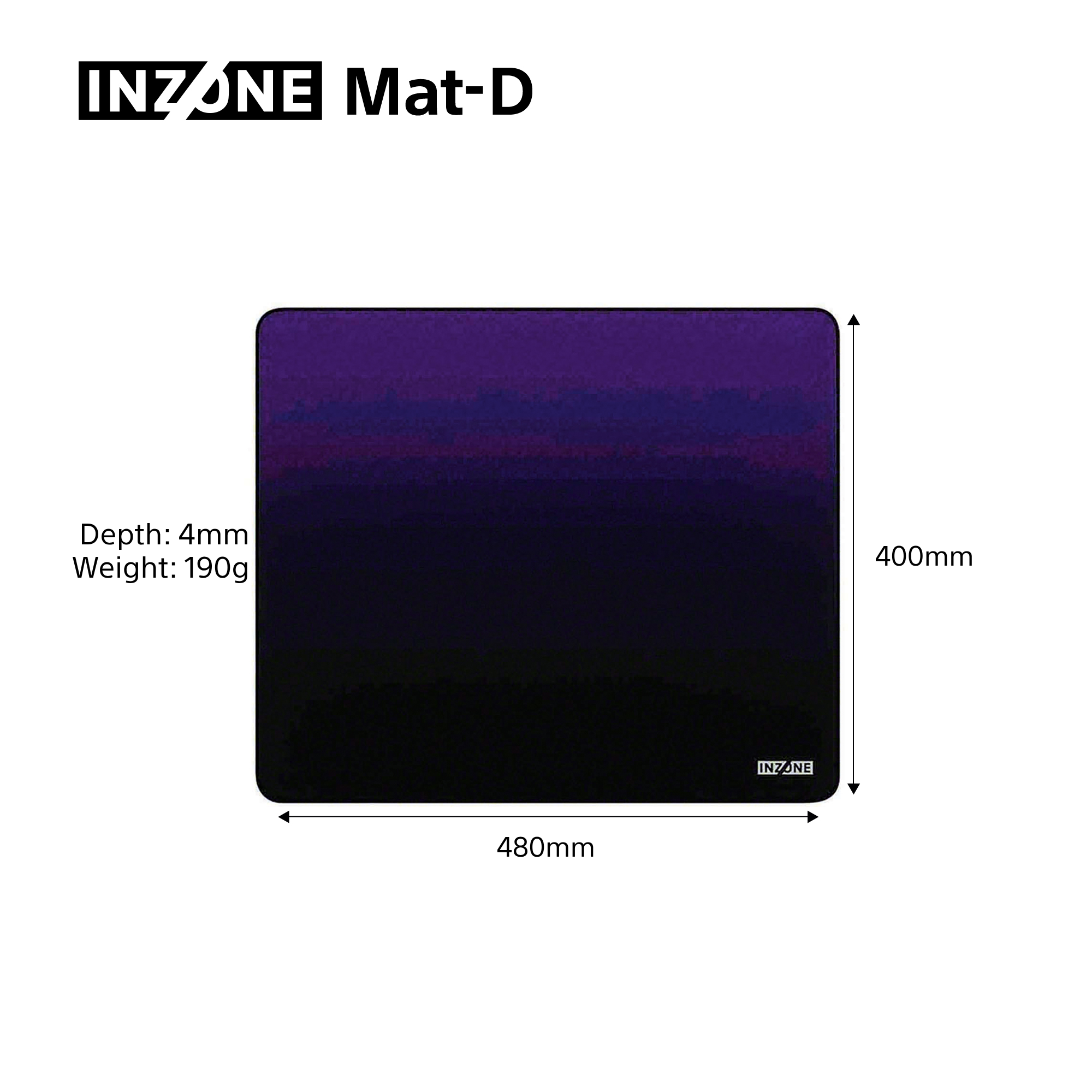 Ein quadratisches Mauspad mit einem Farbverlauf von Lila zu Schwarz. Es trägt die Aufschrift 'INZONE Mat-D' und misst 480x400mm.