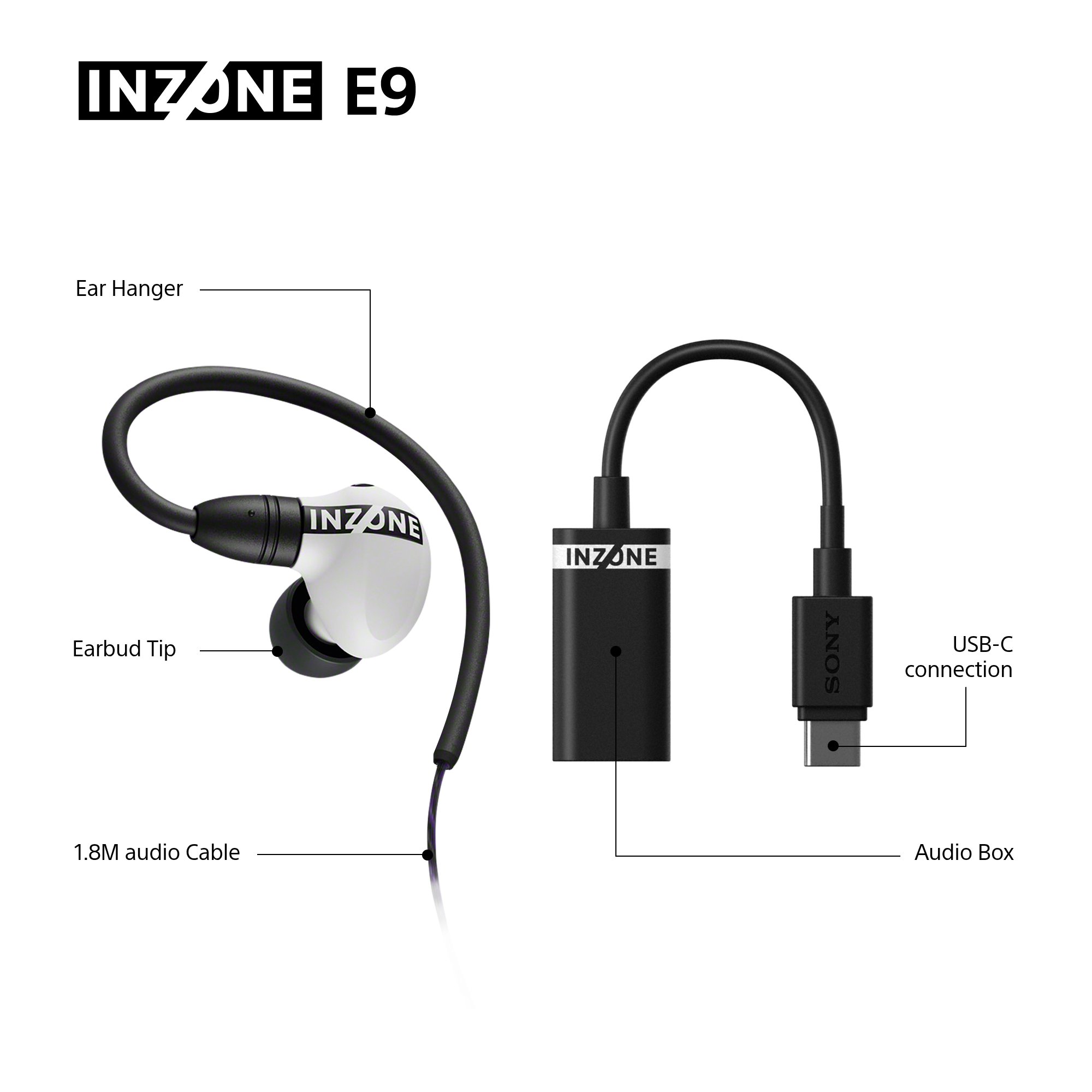Auricolari INZONE E9: auricolare bianco, cavo nero, box audio, connessione USB-C. Etichette: punta dell'auricolare, gancio per l'orecchio, cavo audio da 1,8 M.
