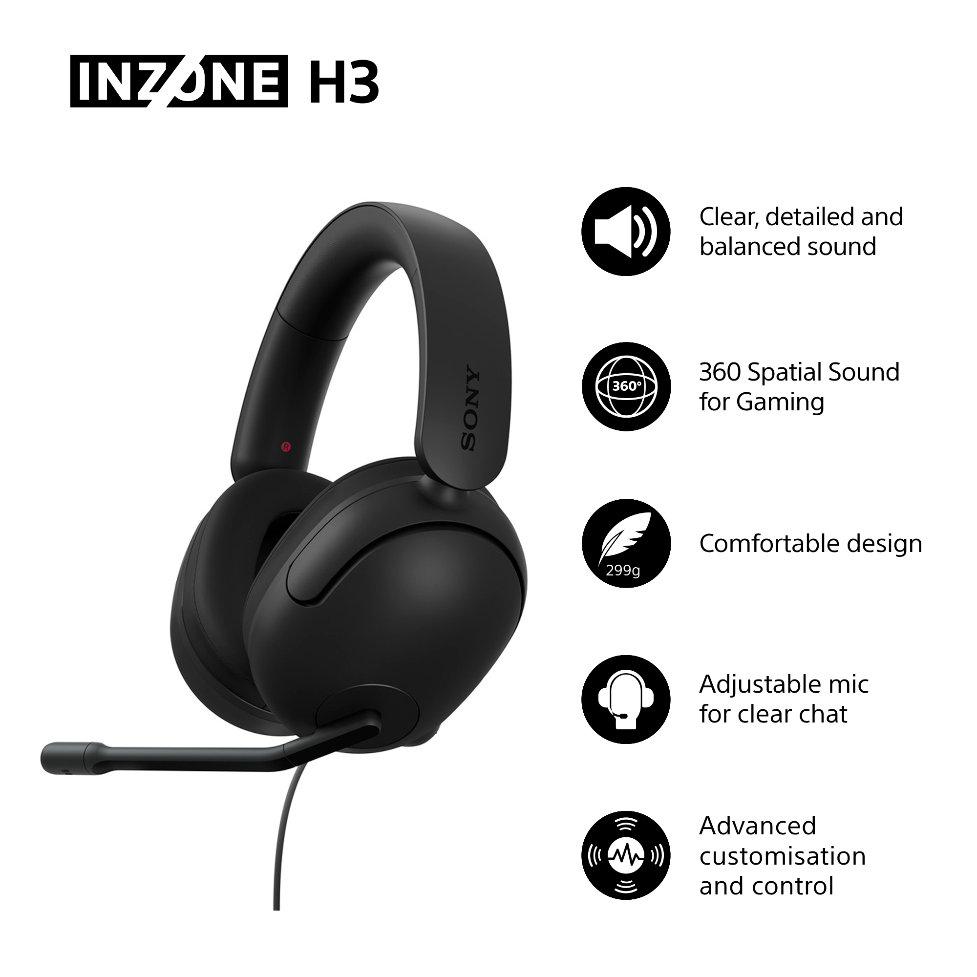 Schwarzes Sony INZONE H3 Gaming-Headset. Merkmale sind 360 Spatial Sound, komfortables Design, verstellbares Mikrofon und erweiterte Steuerung.