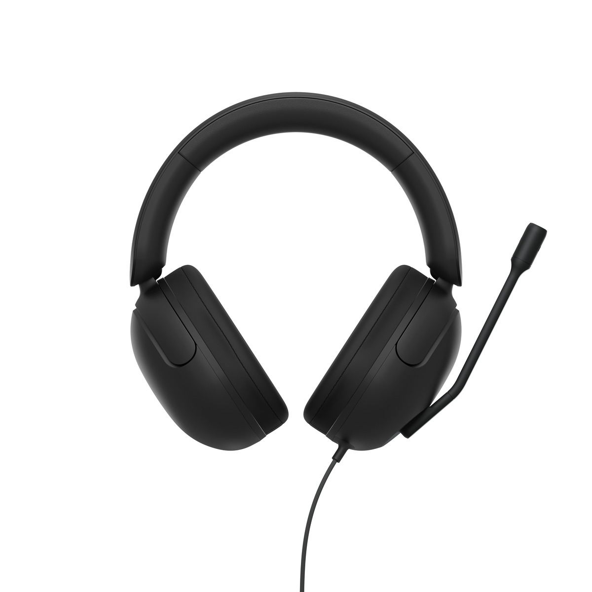 Schwarzes Headset mit Mikrofon und Kabel vor weißem Hintergrund.