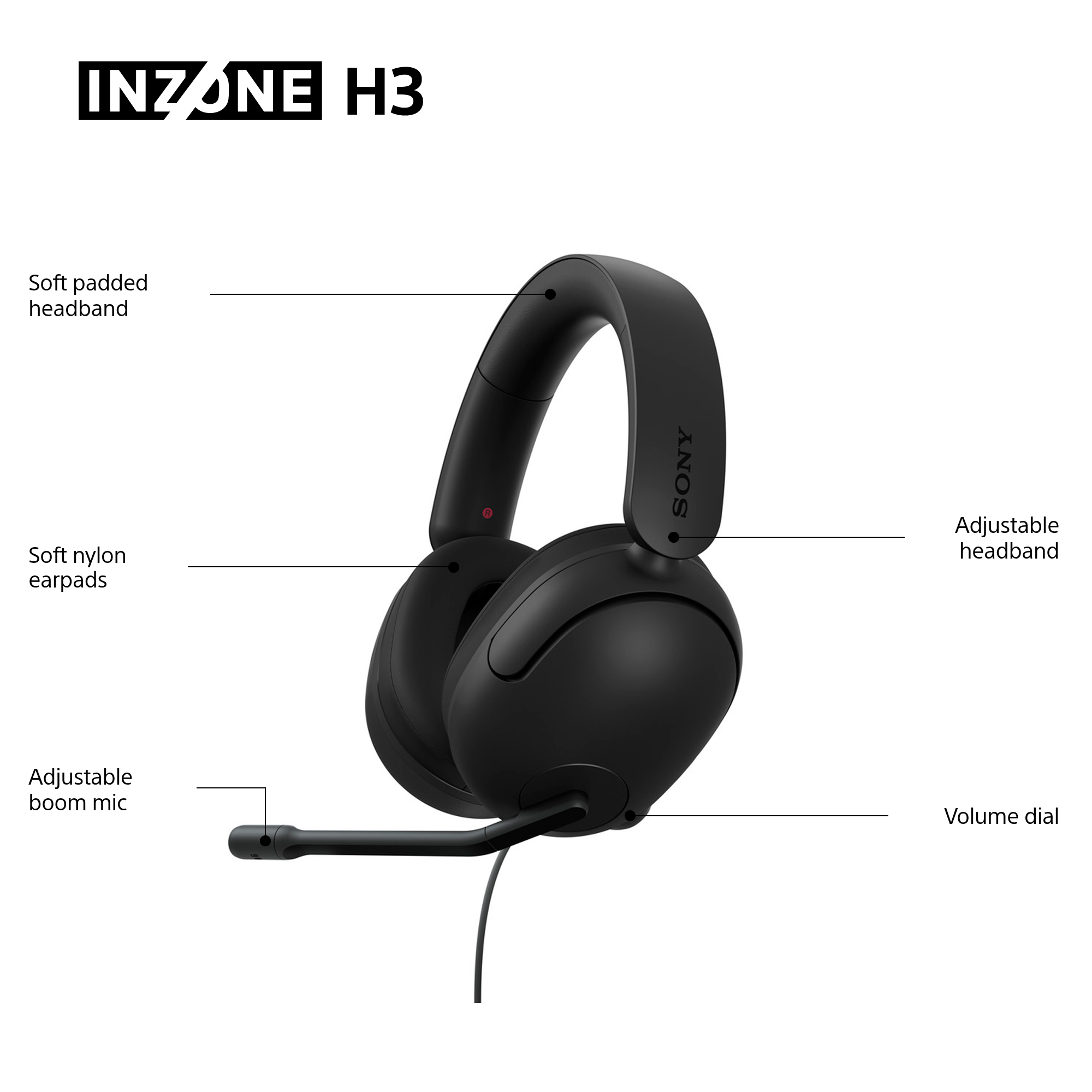 Schwarzes INZONE H3-Headset. Zu den Merkmalen gehören ein weich gepolstertes Kopfband, ein verstellbares Mikrofon, weiche Nylon-Ohrpolster und ein Lautstärkeregler.