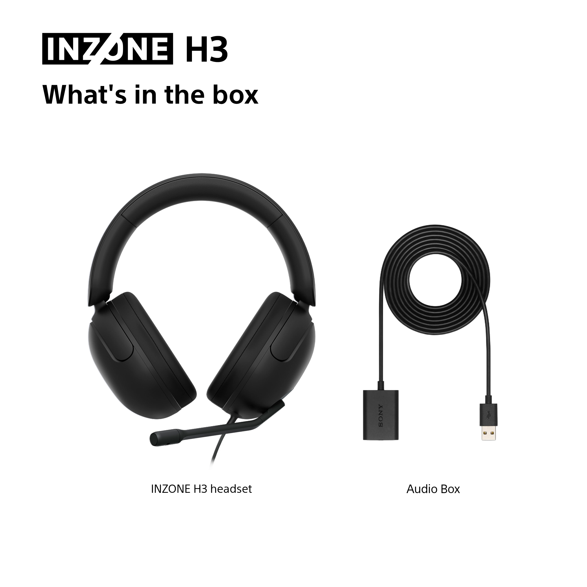 Schwarzes INZONE H3-Headset und eine Audiobox mit USB-Kabel. Das Headset hat ein Mikrofon.
