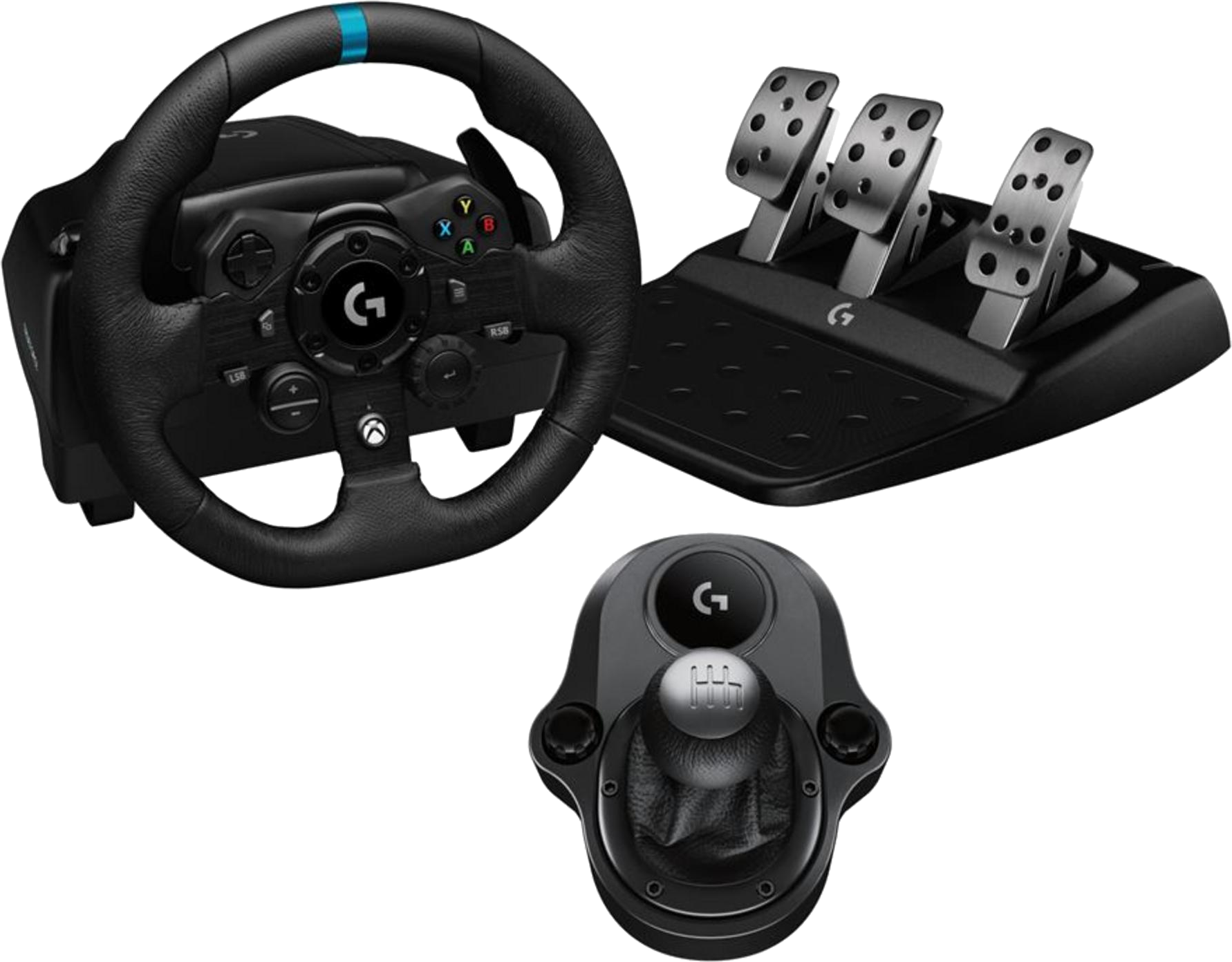 Ein schwarzes Gaming-Lenkrad, Pedale und Schalthebel. Das Lenkrad hat einen blauen Streifen oben. Die Pedale sind silber.