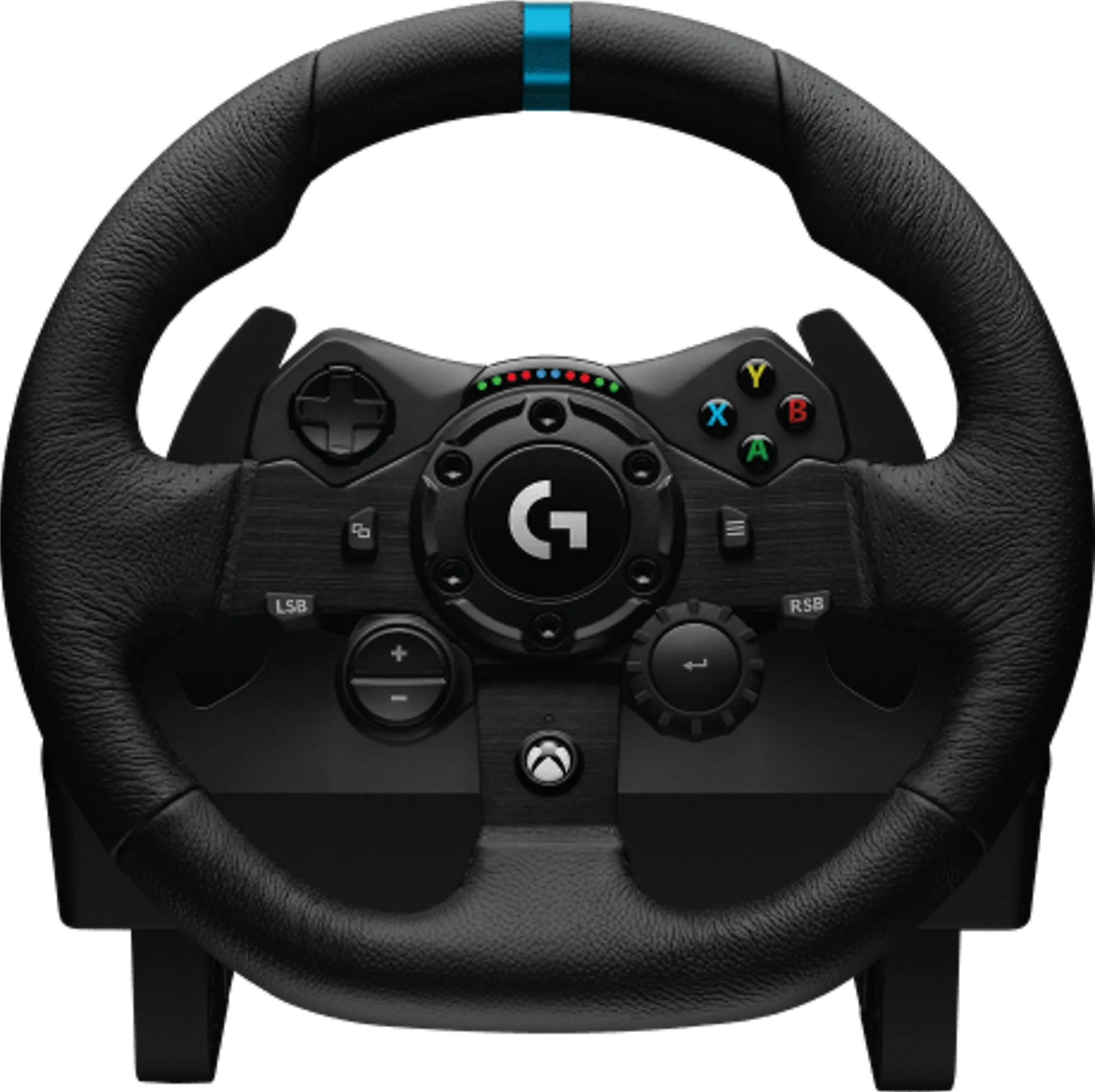 Schwarzes Gaming-Lenkrad mit Knöpfen, einem blauen Streifen und dem Logitech 'G'-Logo in der Mitte.