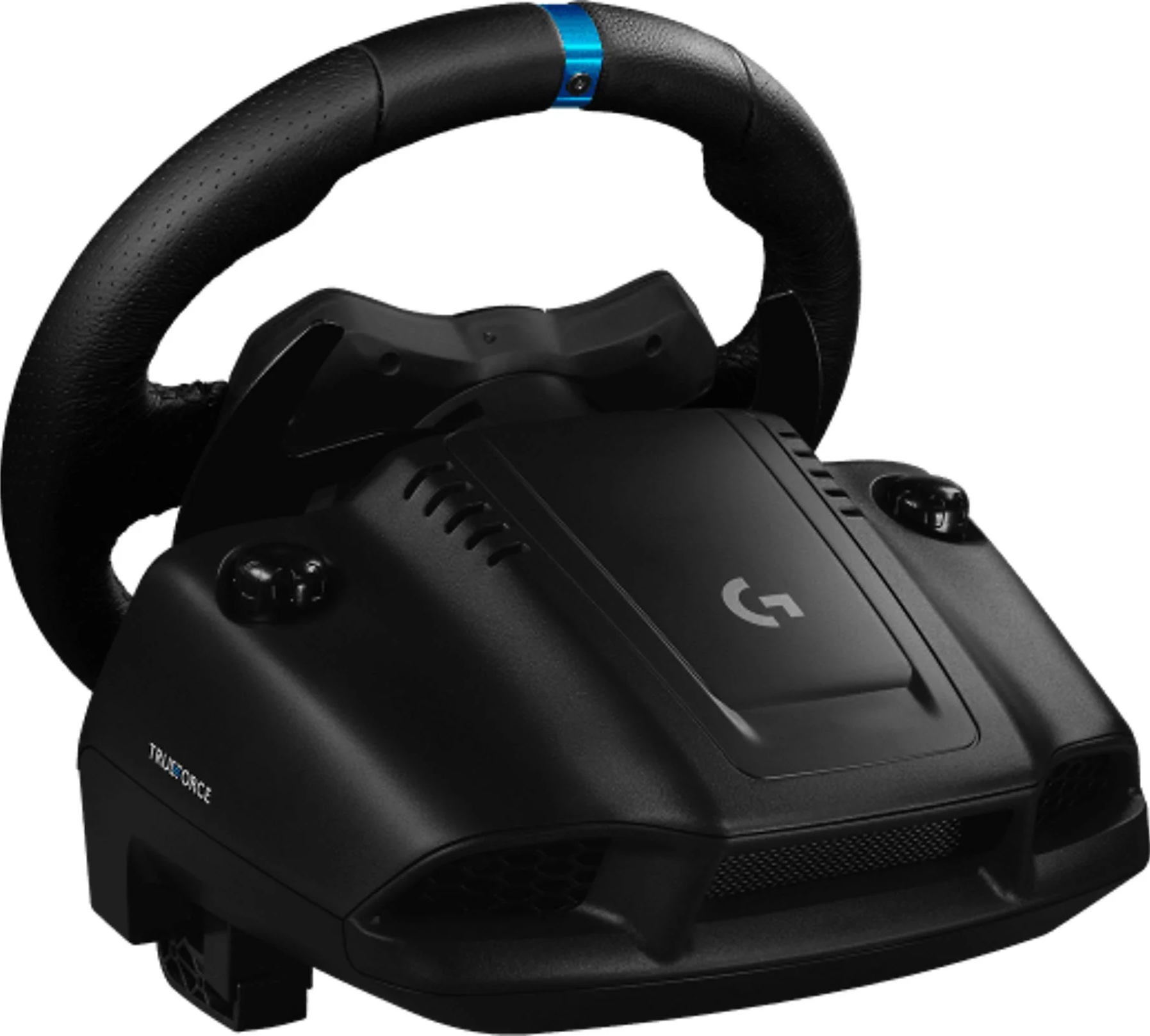 Ein schwarzes Logitech-Rennlenkrad. Es hat einen perforierten Ledergriff, blaue Akzente und das Logitech 'G'-Logo.