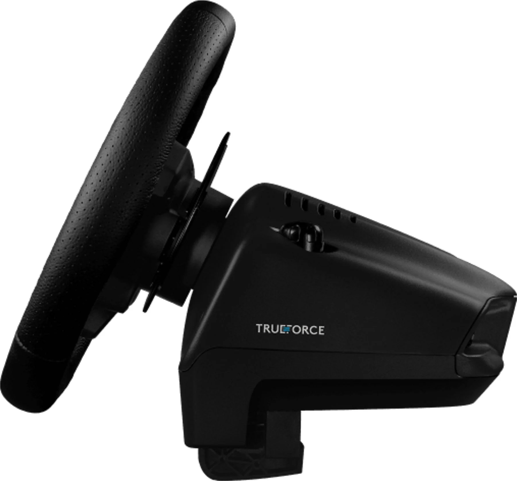 Schwarzes Trueforce-Rennlenkrad. Das Lenkrad ist nach links abgewinkelt. Die Basis ist schwarz und nach rechts abgewinkelt.