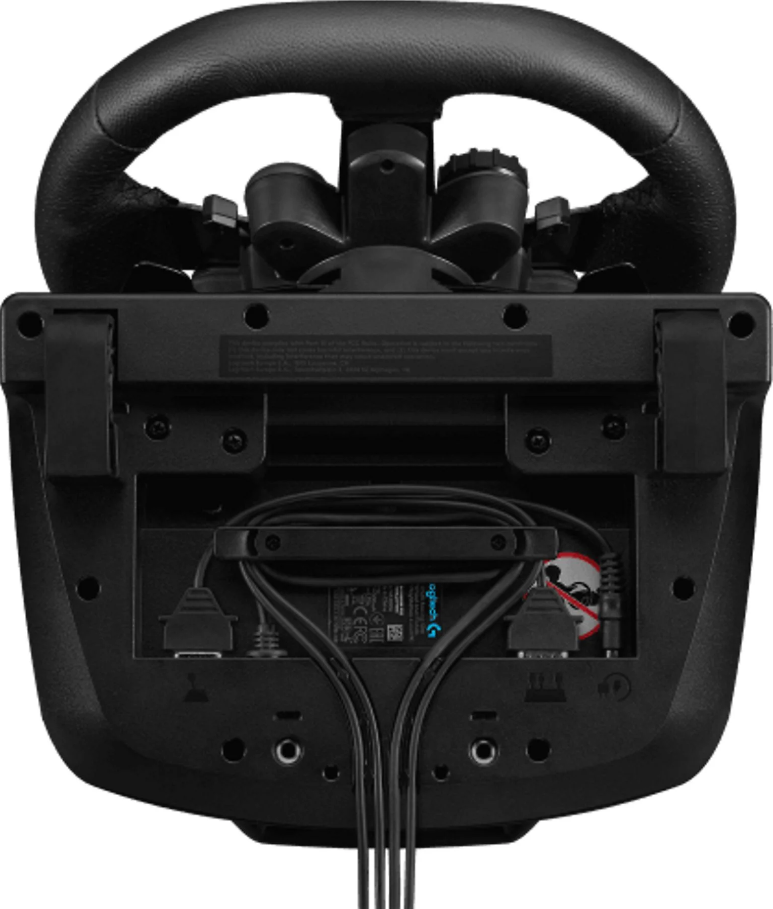 Schwarze Rennlenkradbasis mit lederummanteltem Lenkrad. Kabel und Anschlüsse sind sichtbar. Das Design umfasst Knöpfe und Anschlüsse.