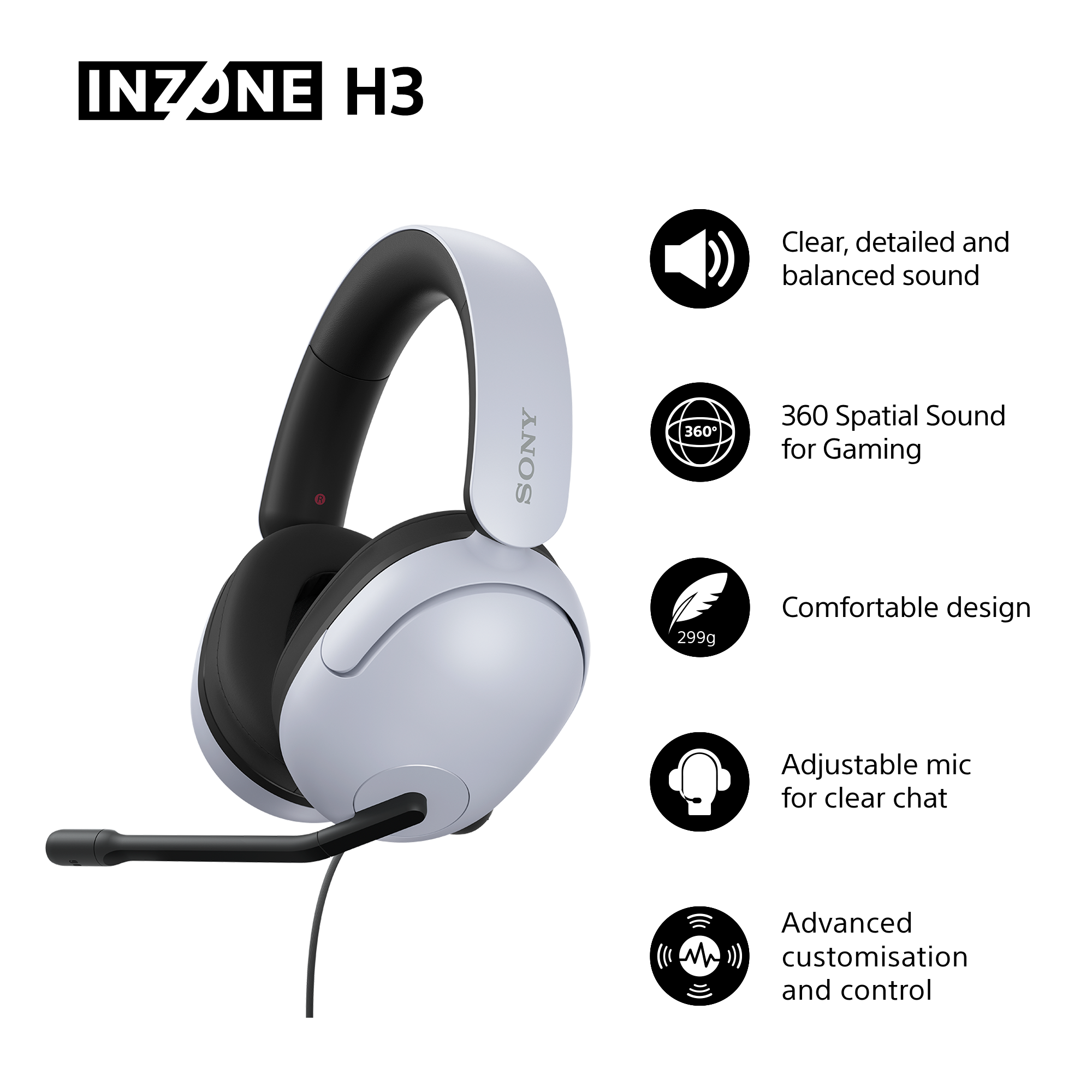 Weiß-schwarzes INZONE H3-Gaming-Headset mit Mikrofon. Text beschreibt Funktionen wie Sound und Komfort.