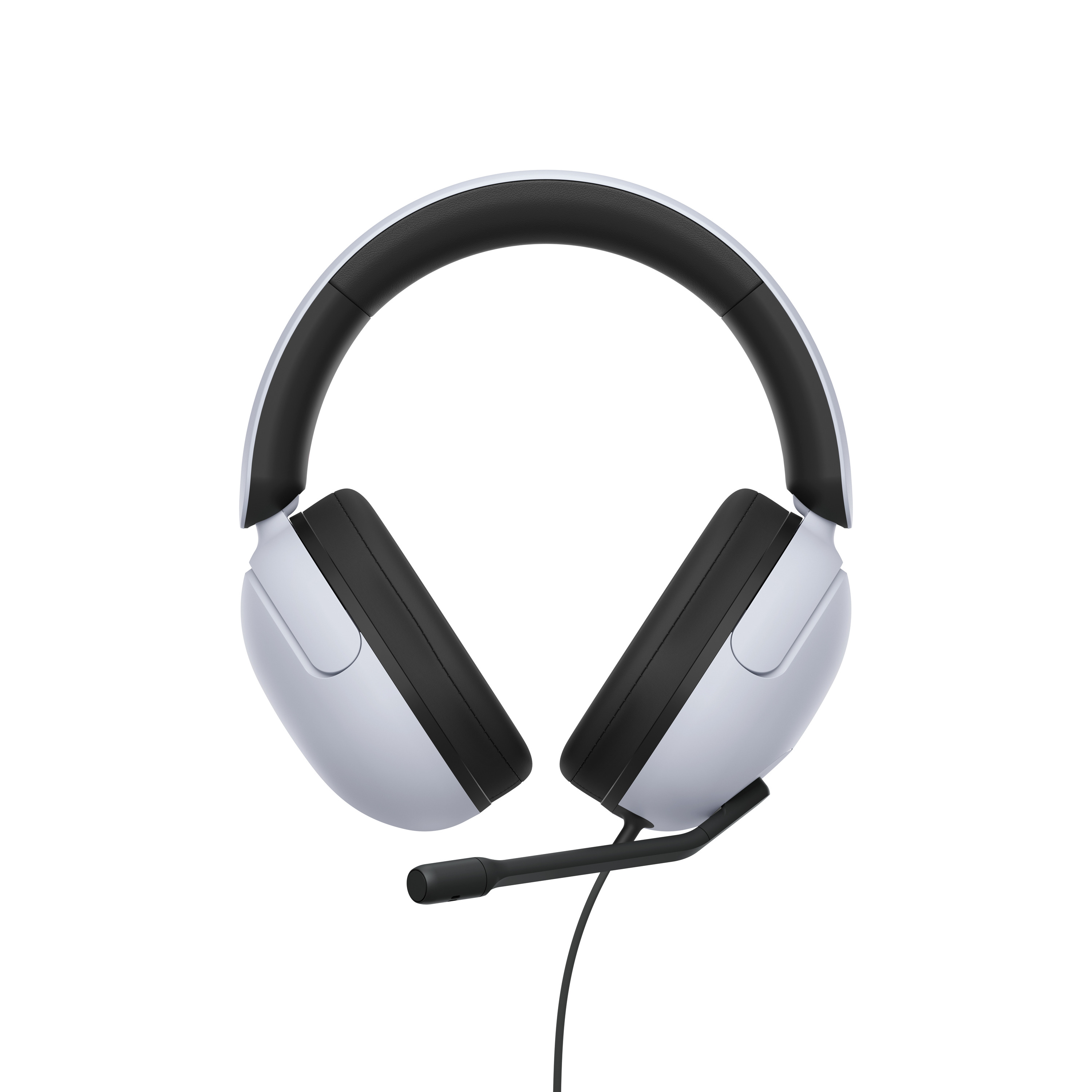 Weißes und schwarzes Gaming-Headset mit Mikrofon, isoliert auf weißem Hintergrund.