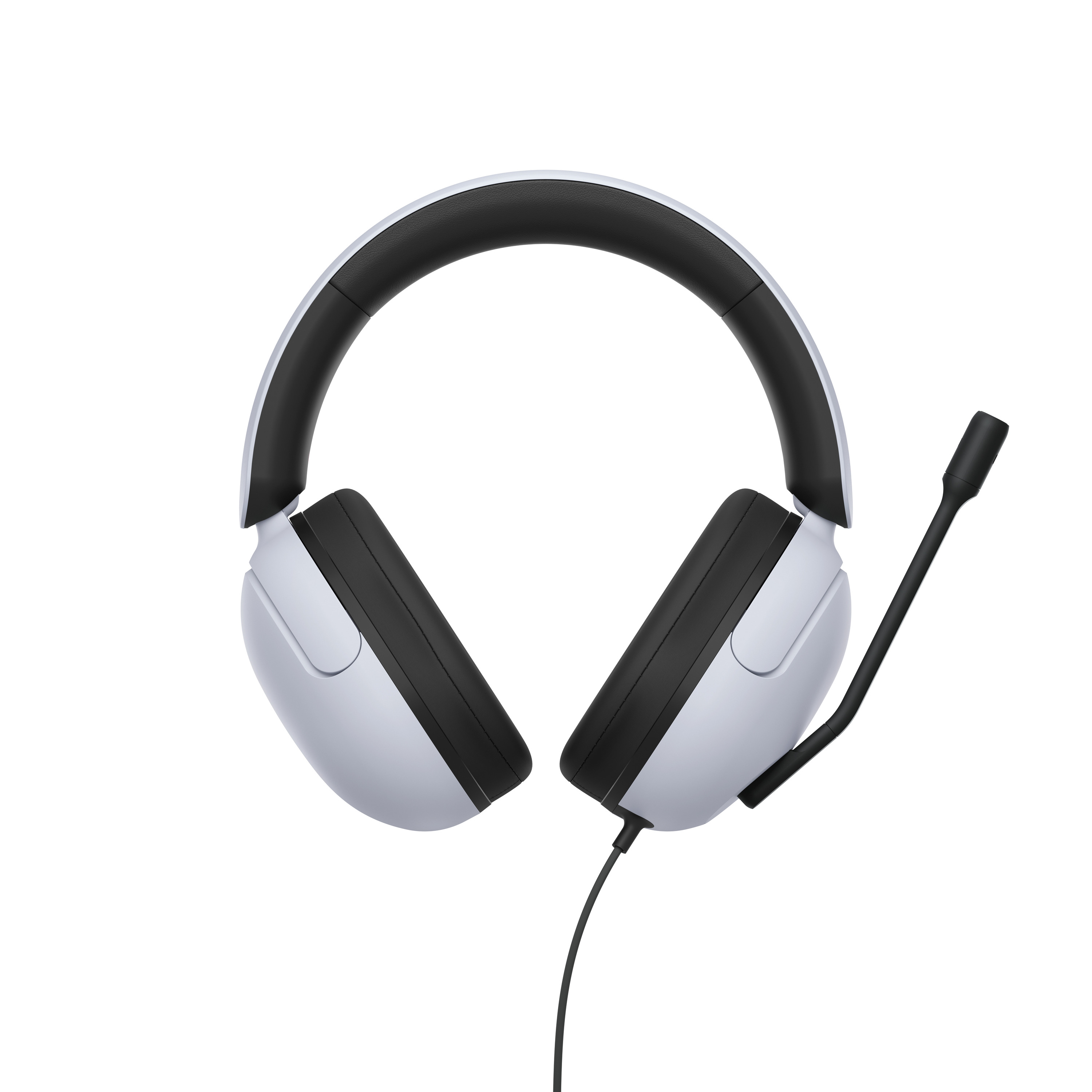 Ein weißes Gaming-Headset mit schwarzen Akzenten, einem Mikrofon und einem Anschlusskabel auf weißem Hintergrund.